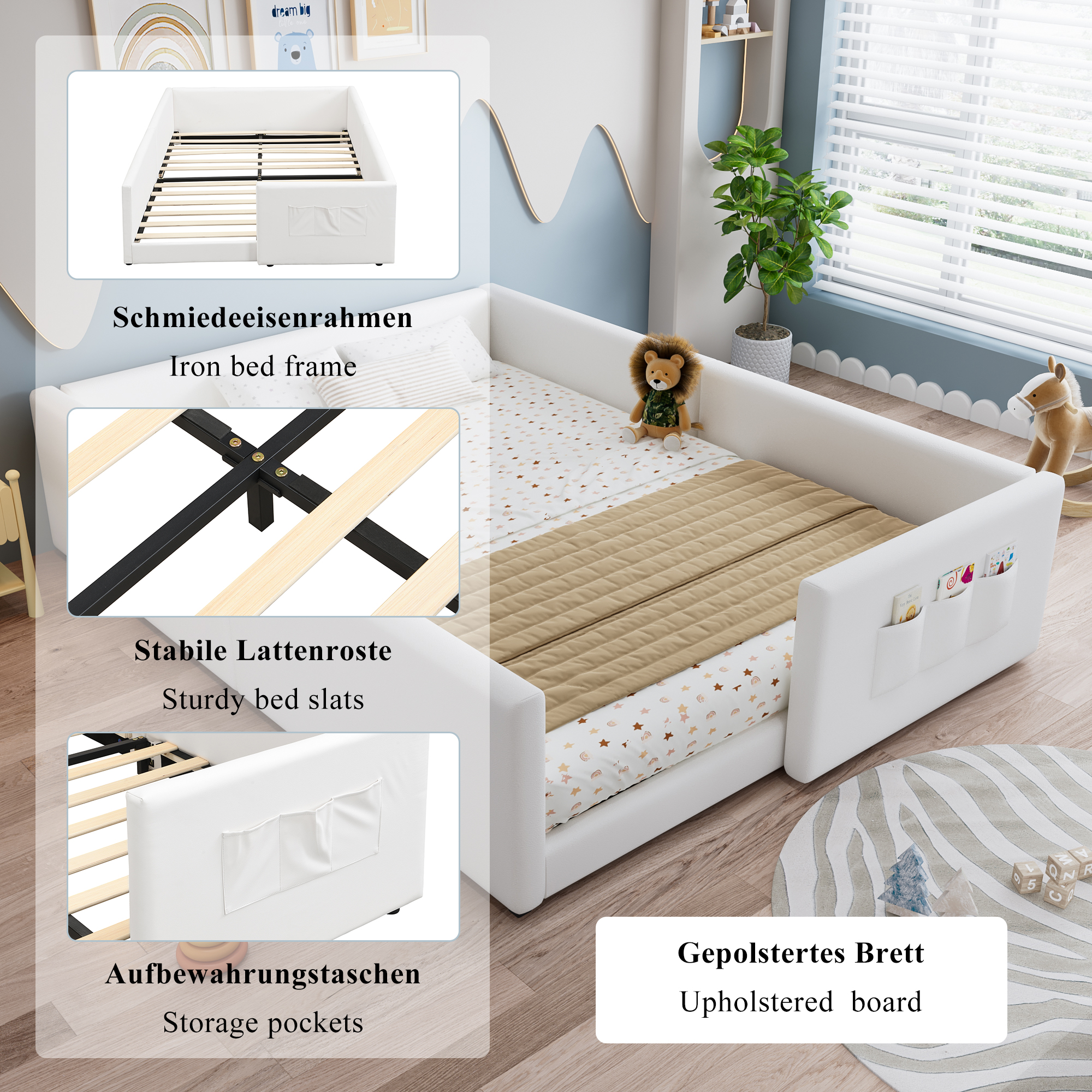 Lit enfant blanc avec poches de rangement et bordure protectrice