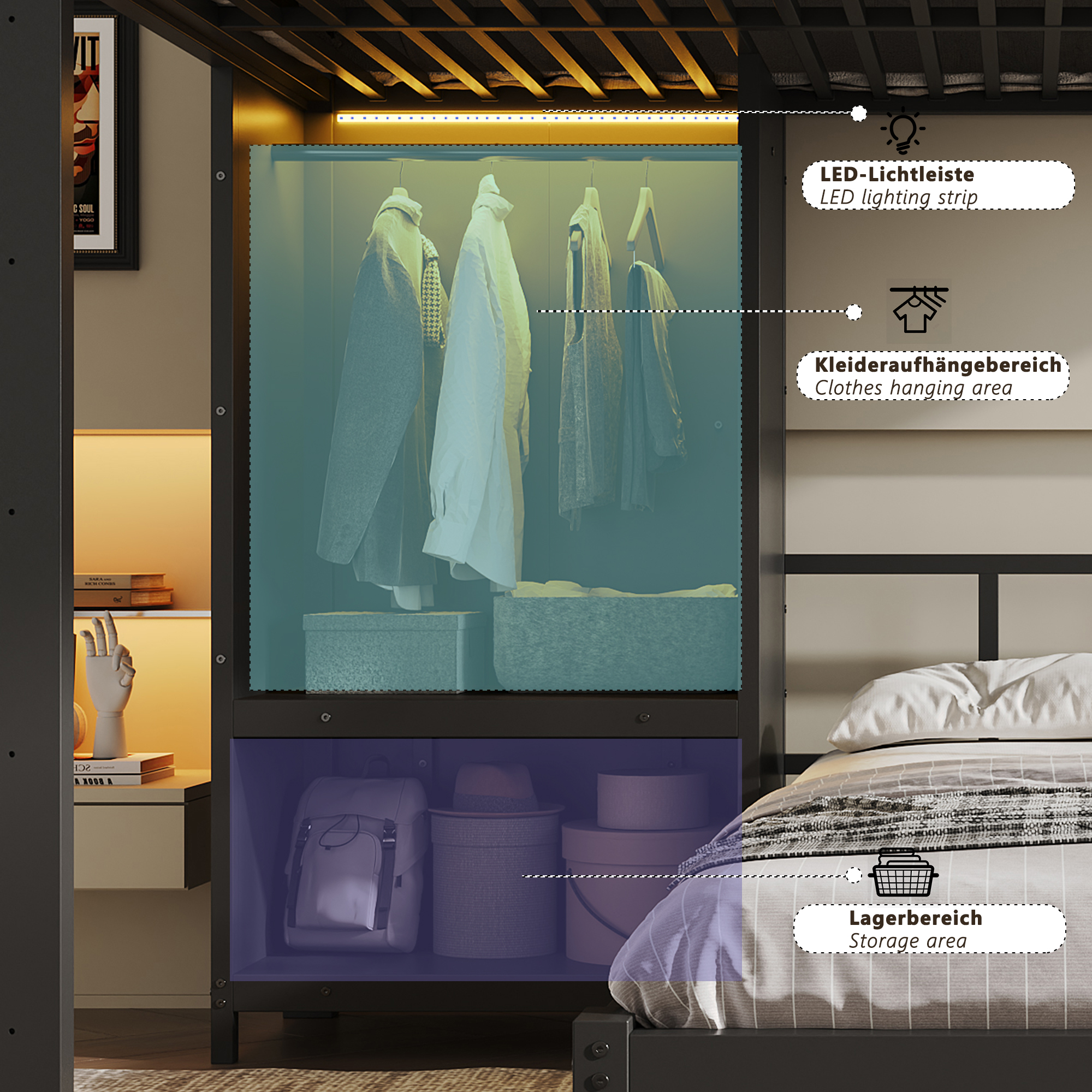 Lit superposé avec rangement intégré et éclairage LED