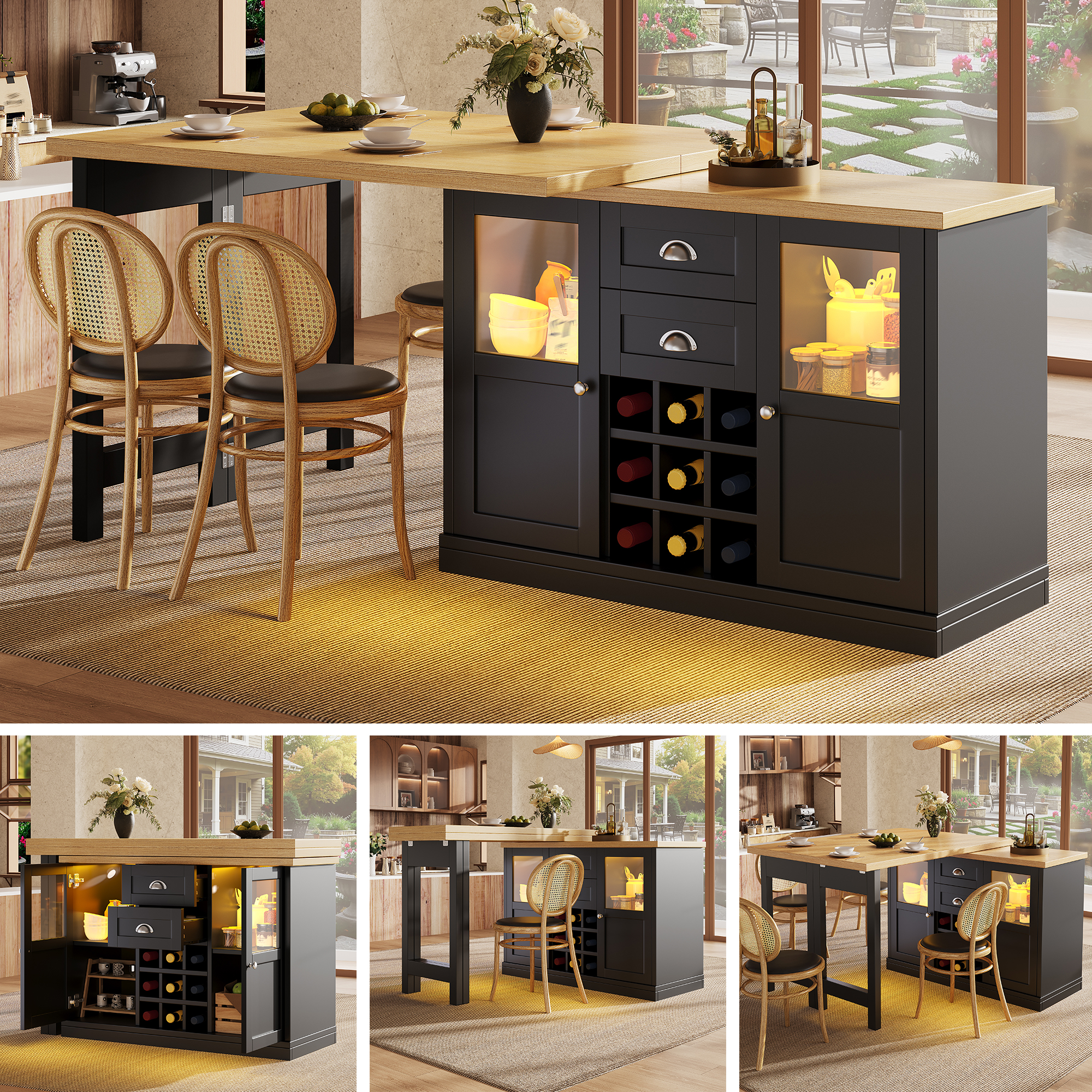 Buffet Extensible Noir avec Éclairage LED Intégré, Meuble Rangement Cuisine avec Tiroirs et Portes Coulissantes, Structure Panneau composite de fibres de bois à densité Robuste