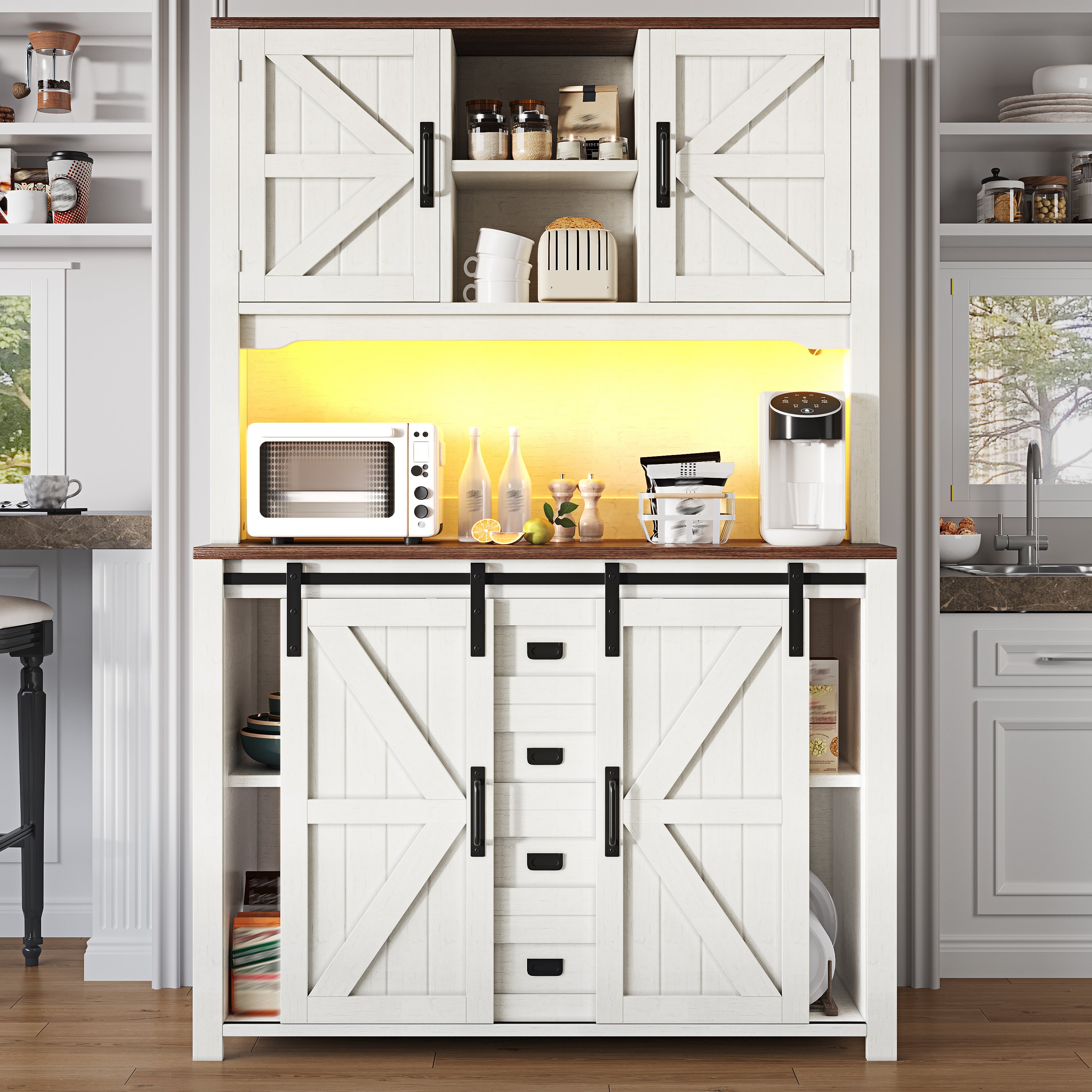 Buffet Moderne avec Éclairage LED Musical Contrôlé par App, Meuble de Rangement Haut avec Tiroirs et Compartiments Ouverts