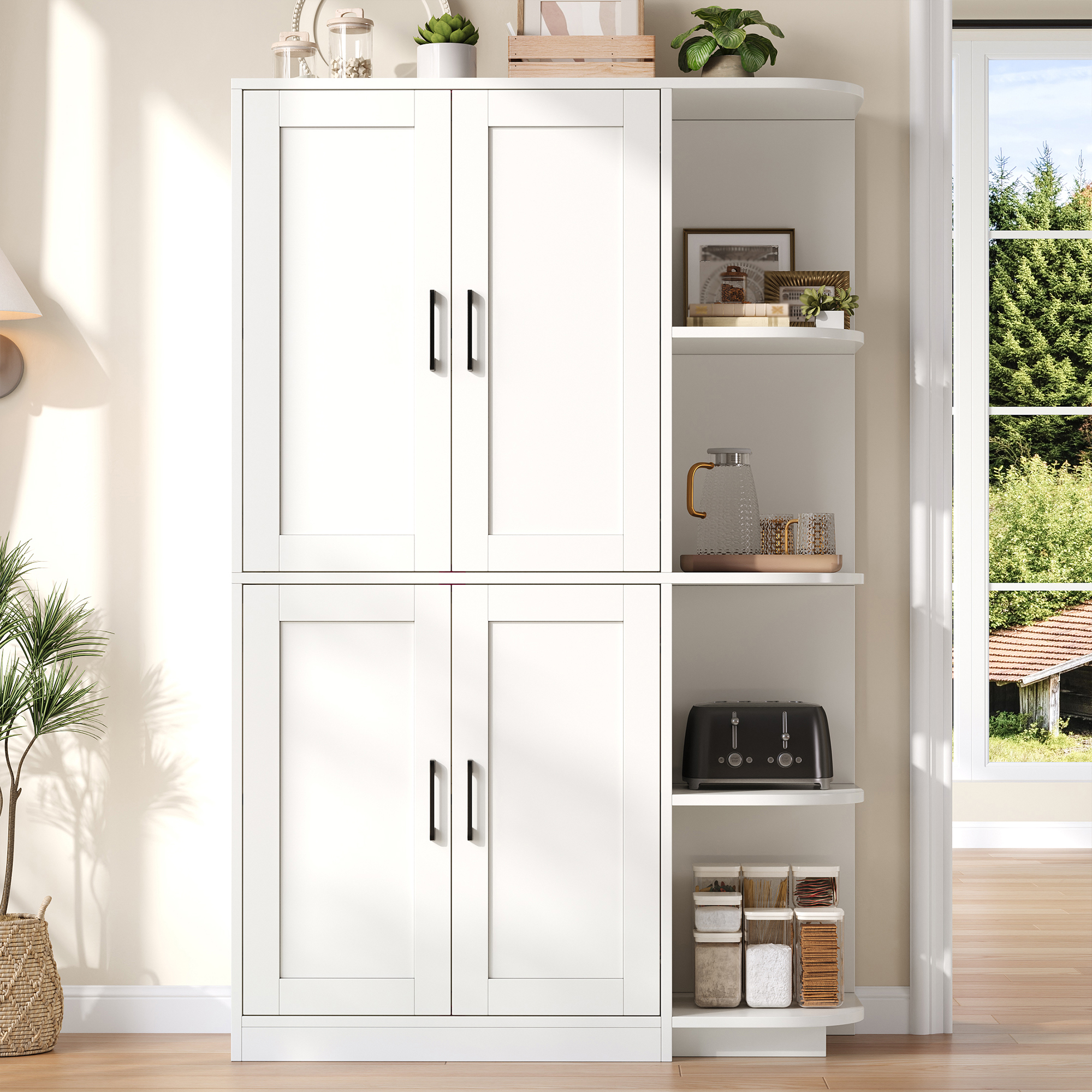 Buffet de cuisine haut blanc 4 portes, meuble rangement Panneau composite de fibres de bois à densité avec étagères réglables et éclairage LED, 103x40x163 cm
