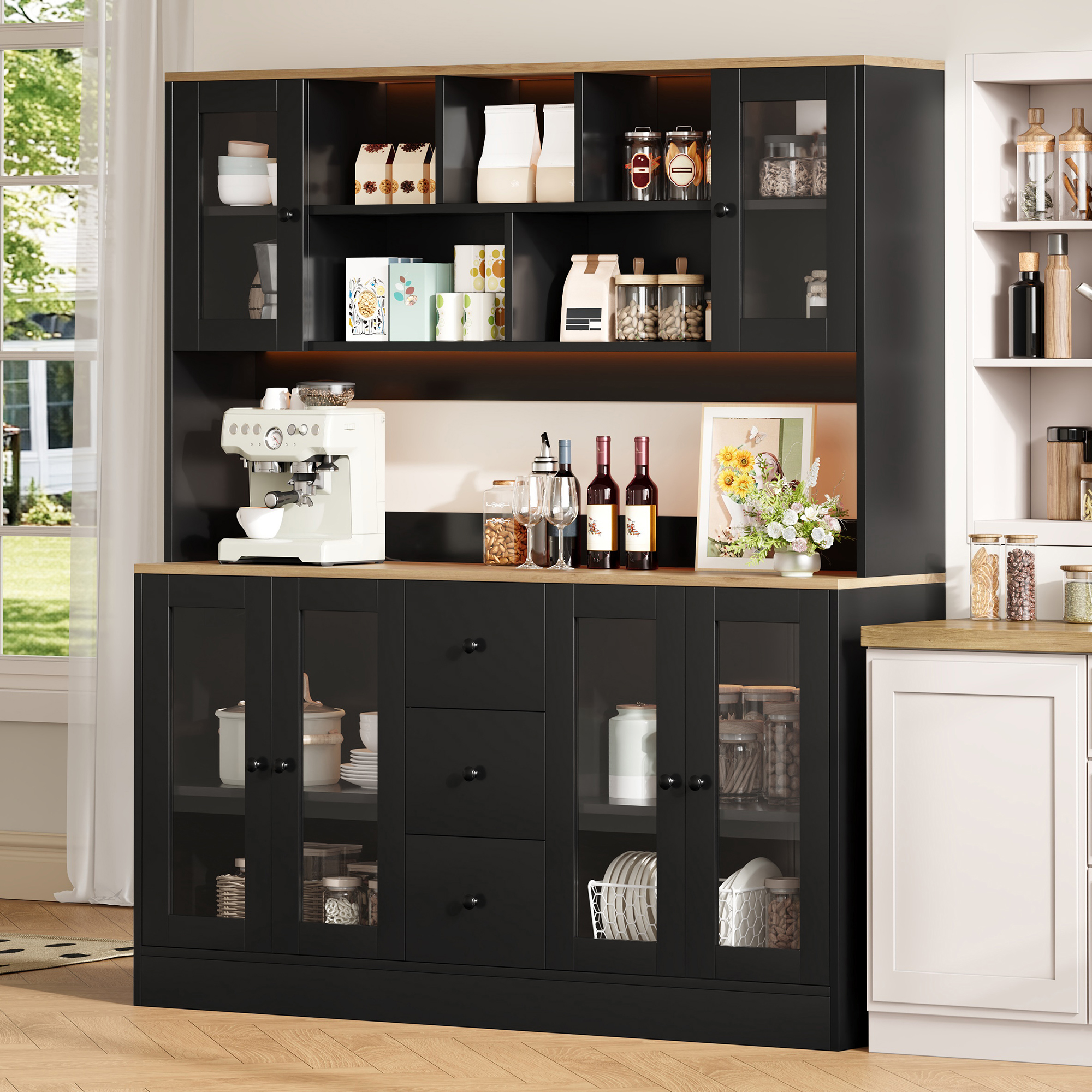 Buffet de cuisine haut 150x40x173 cm, Meuble de rangement avec 6 portes en acryl et 3 tiroirs, Noir et Naturel
