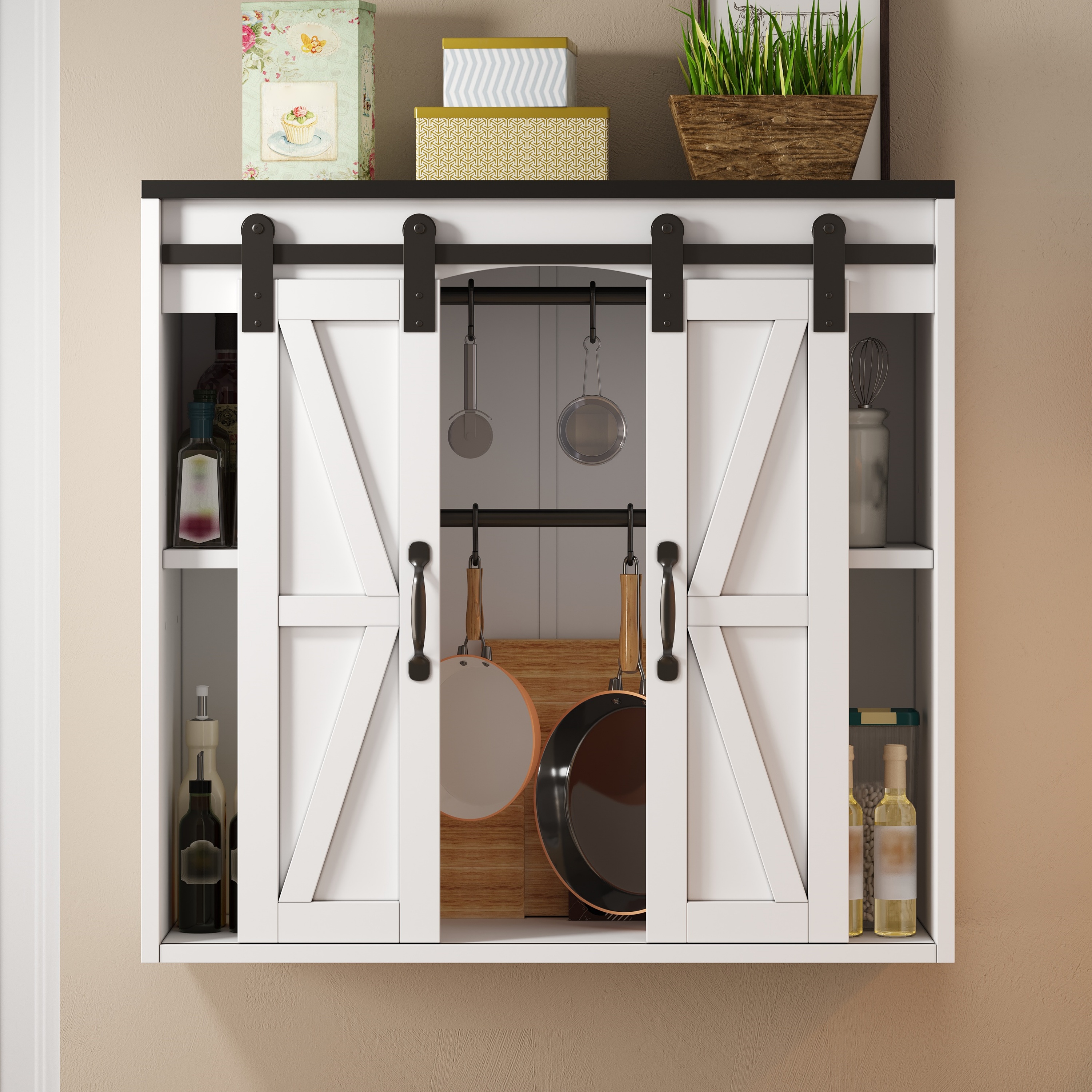 Armoire Murale Cuisine Blanche 80x76cm, Placard Mural à 2 Portes Coulissantes et Étagères Ajustables en Panneau composite de fibres de bois à densité pour Rangement
