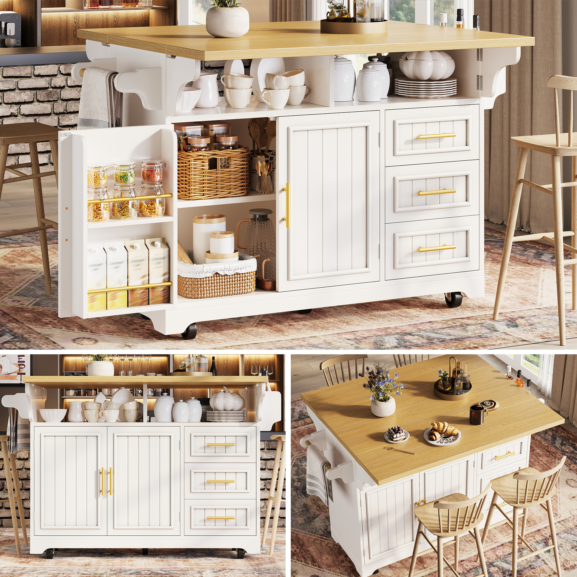 Buffet Cuisine Blanc Extensible avec 3 Tiroirs et Roulettes, Meuble Rangement Design Portes Rayées Verticales 120x40x95 cm