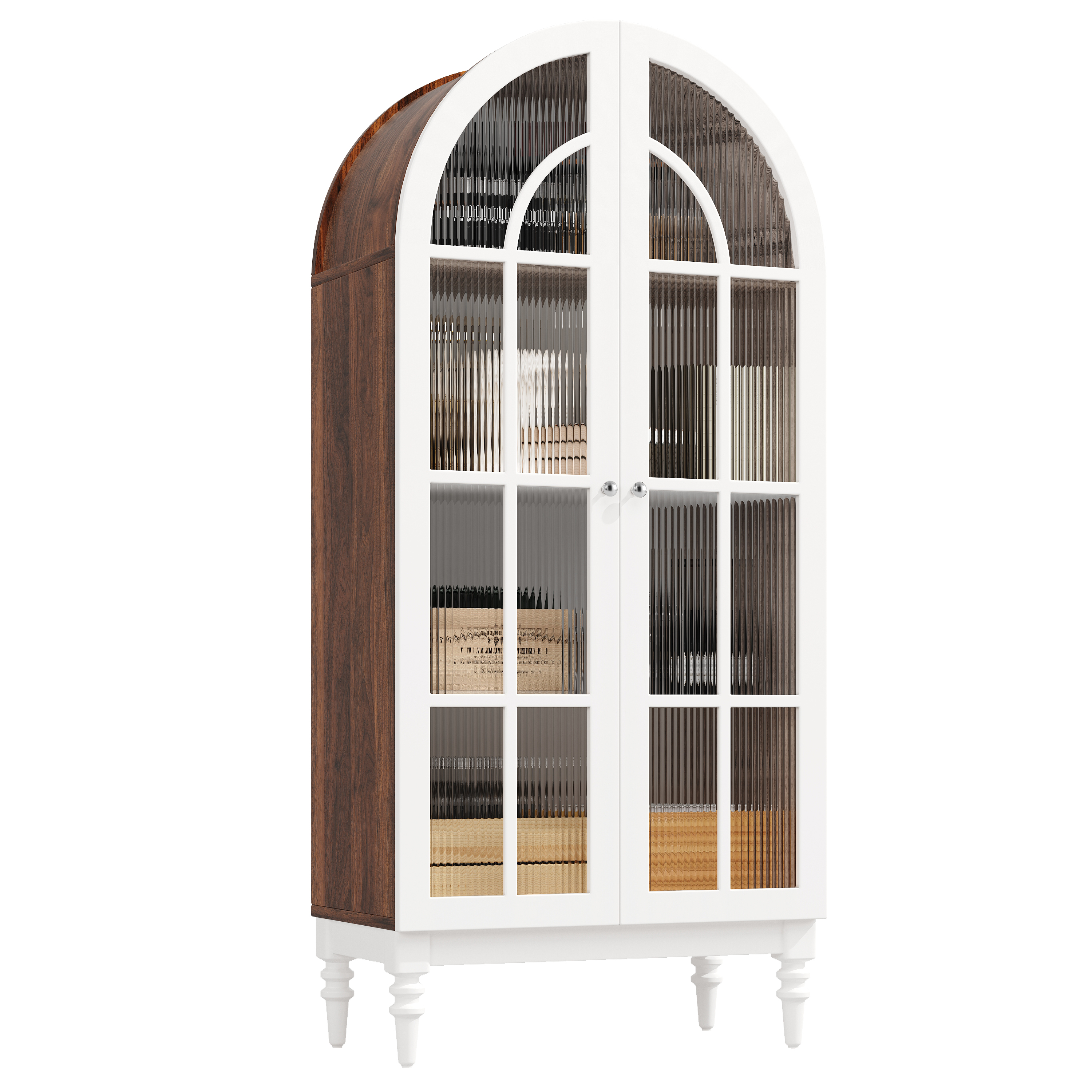 Buffet de cuisine haut 165 cm avec portes vitrées ondulées et éclairage LED intégré pour vaisselle et décoration