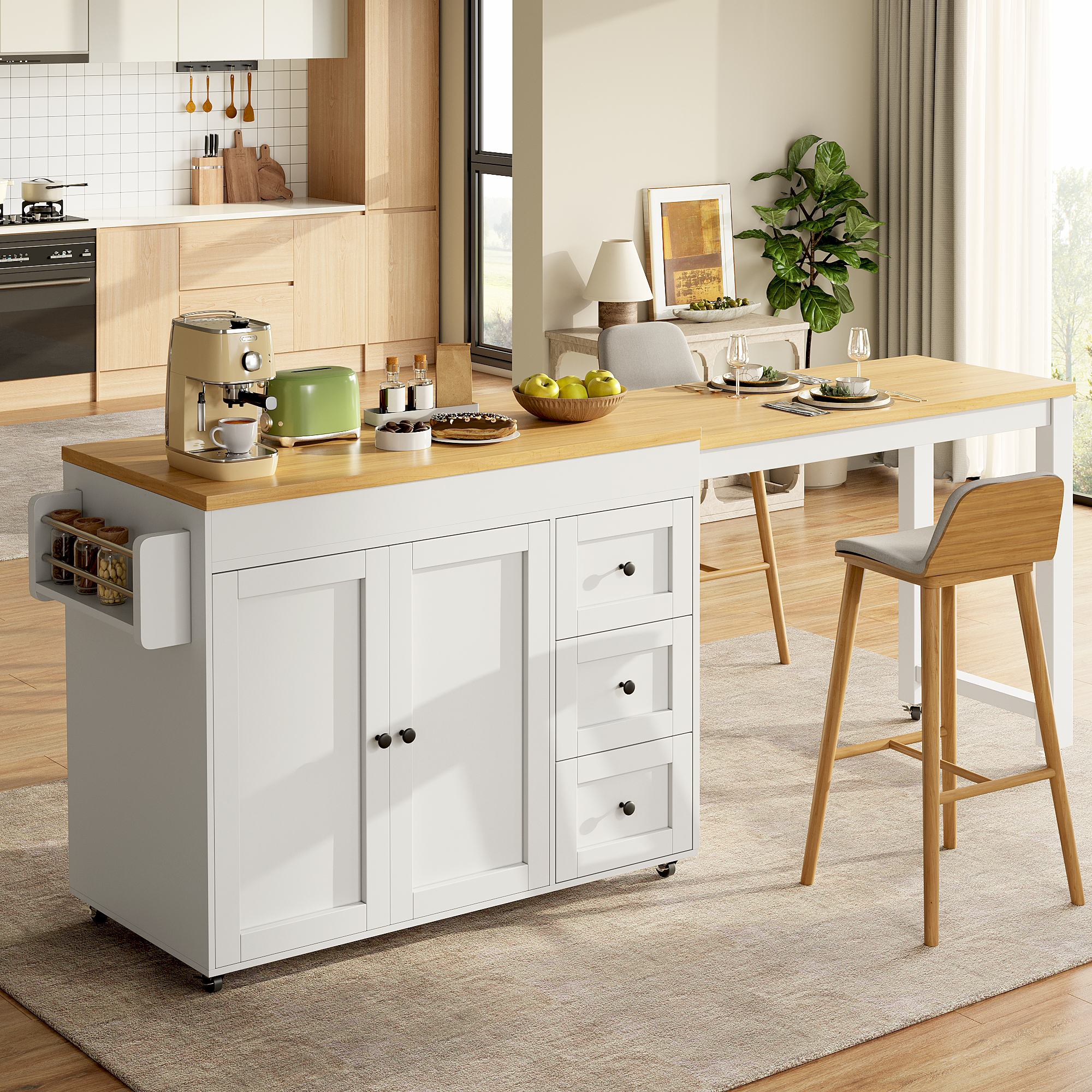 Buffet Extensible Cuisine Blanc, Meuble Rangement avec 3 Tiroirs et Roulettes, Design Moderne pour Salle à Manger