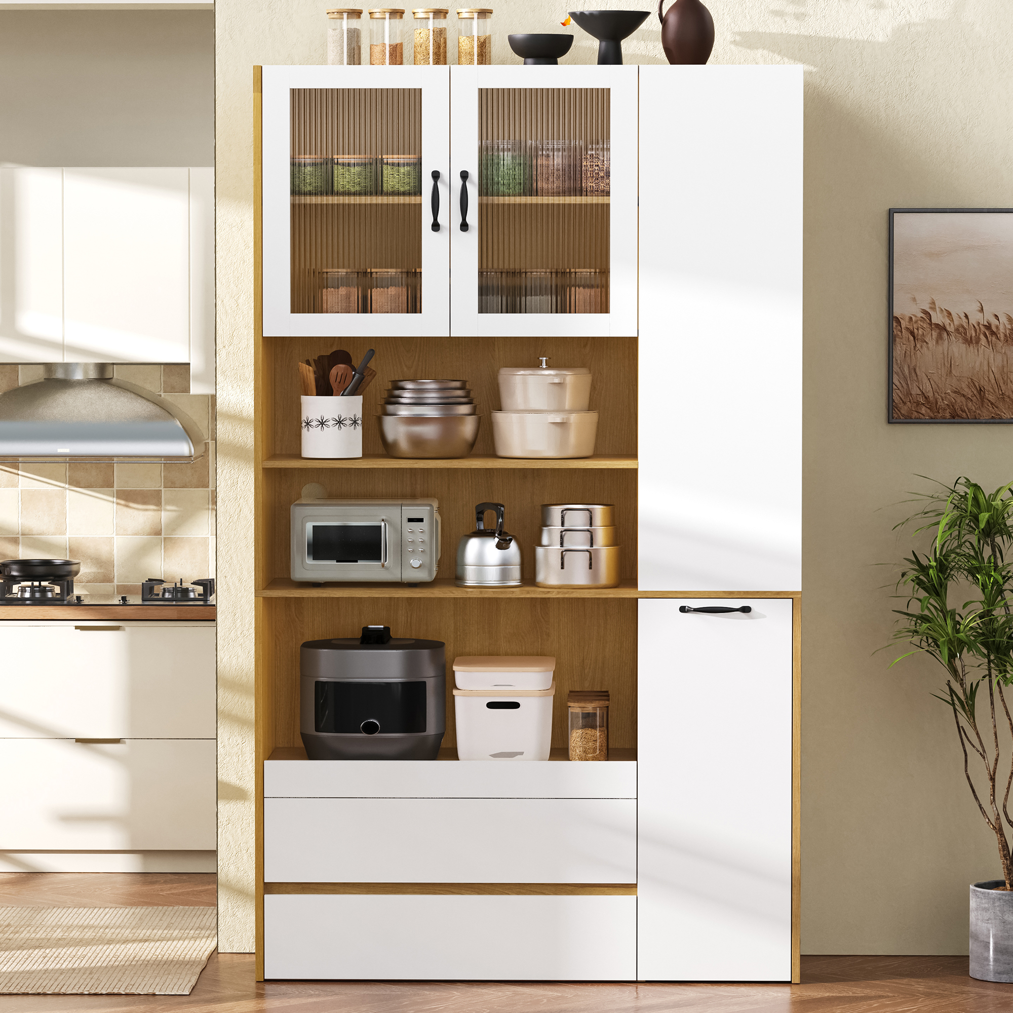 Buffet de cuisine haut 100x200 cm, meuble rangement blanc et bois naturel avec tiroirs intégrés et portes en verre cannelé pour salle à manger