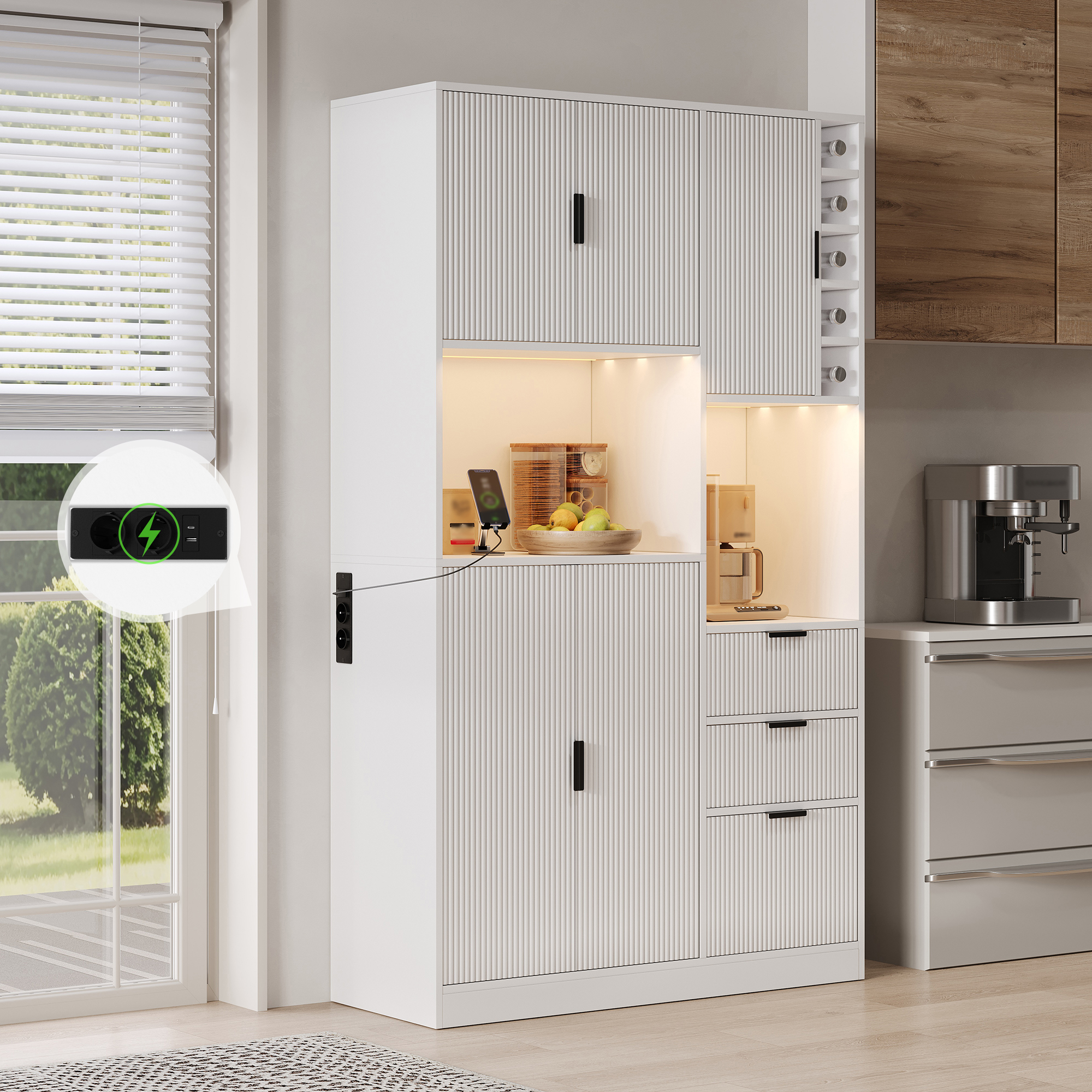 Buffet de cuisine blanc 180x105x40 cm, meuble haut avec 3 tiroirs, étagères réglables et éclairage LED