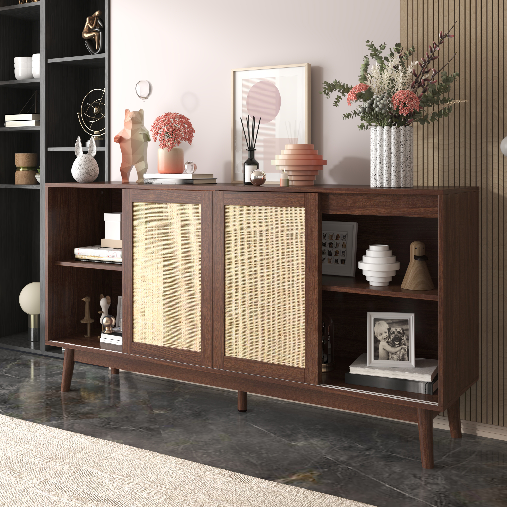 Buffet Panneau composite de fibres de bois à densité Panneaux Particules Rotin Massif Pieds Bois 3 Portes 2 Tiroirs 155x80cm