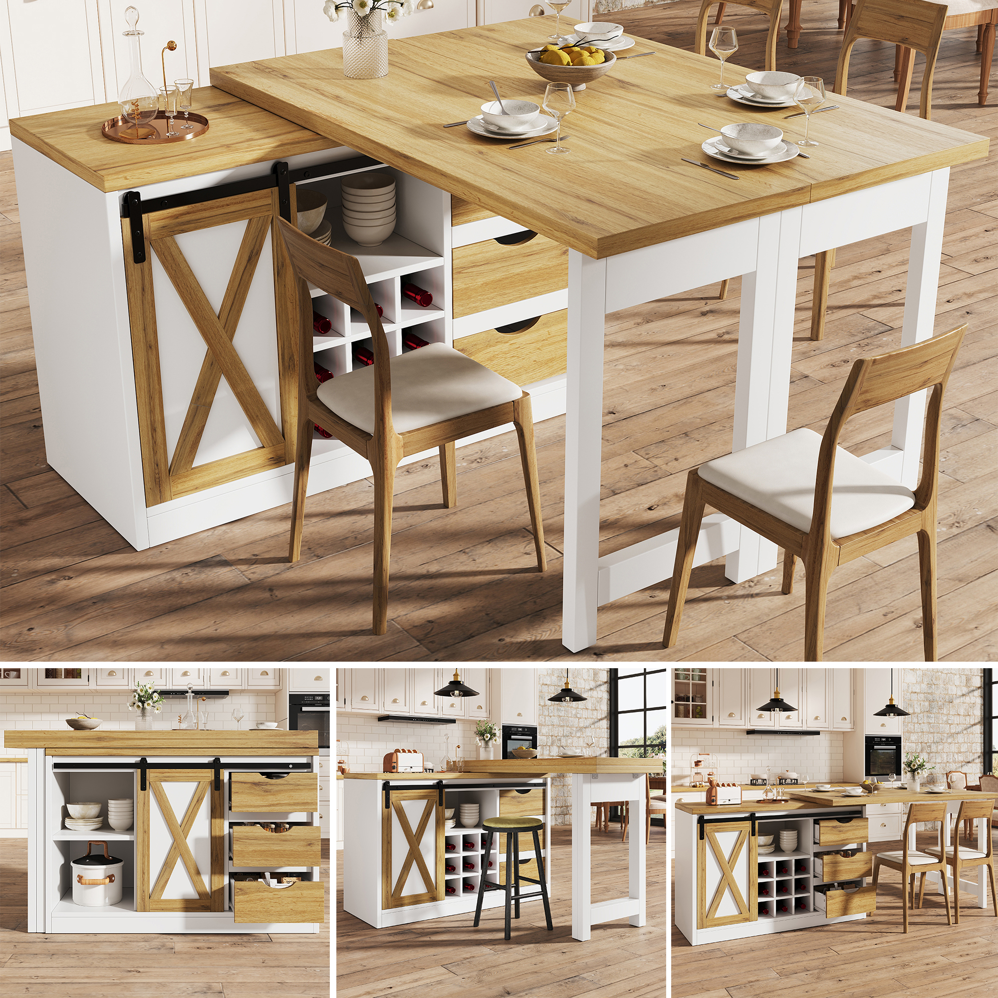 Buffet Table Extensible 120-197 cm, Îlot Cuisine Mobile avec 3 Tiroirs, Étagères Réglables et Support Bouteilles Vin Intégré