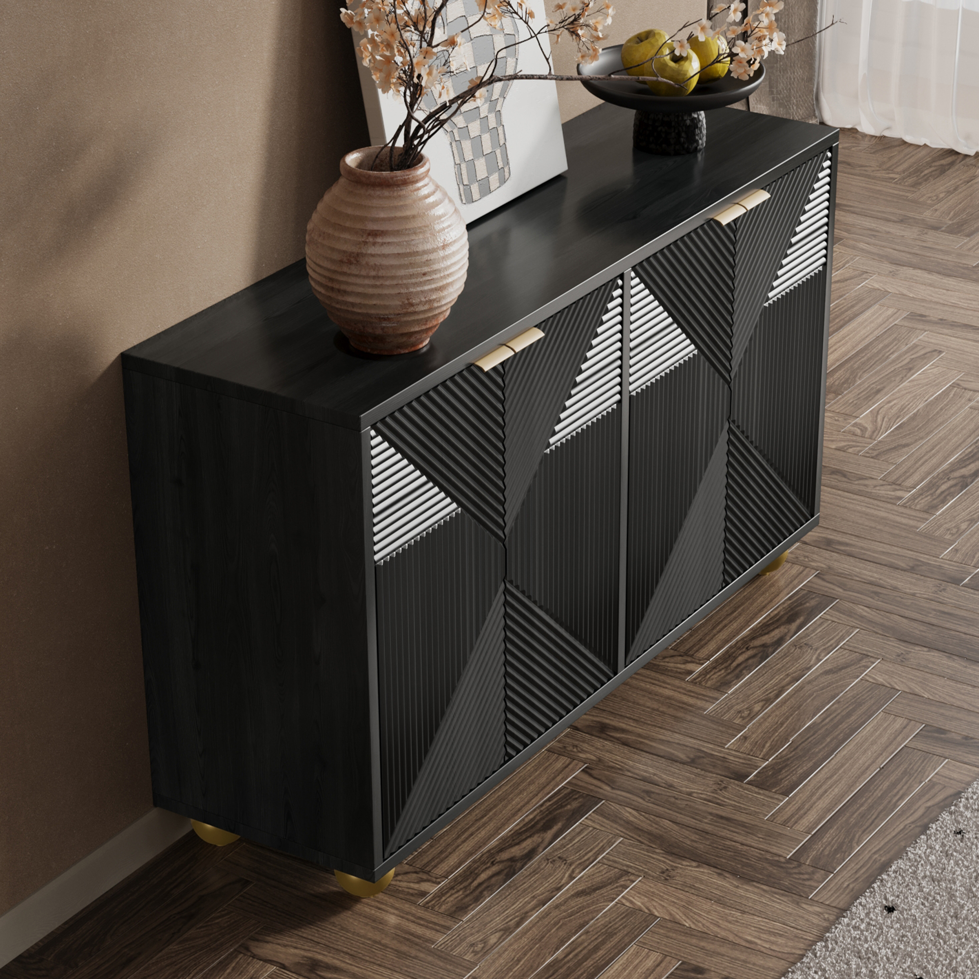 Buffet Noir Dimensions 120x35x71,5 cm avec 4 Portes et Intérieur Modulable Meuble de Rangement Compact et Élégant