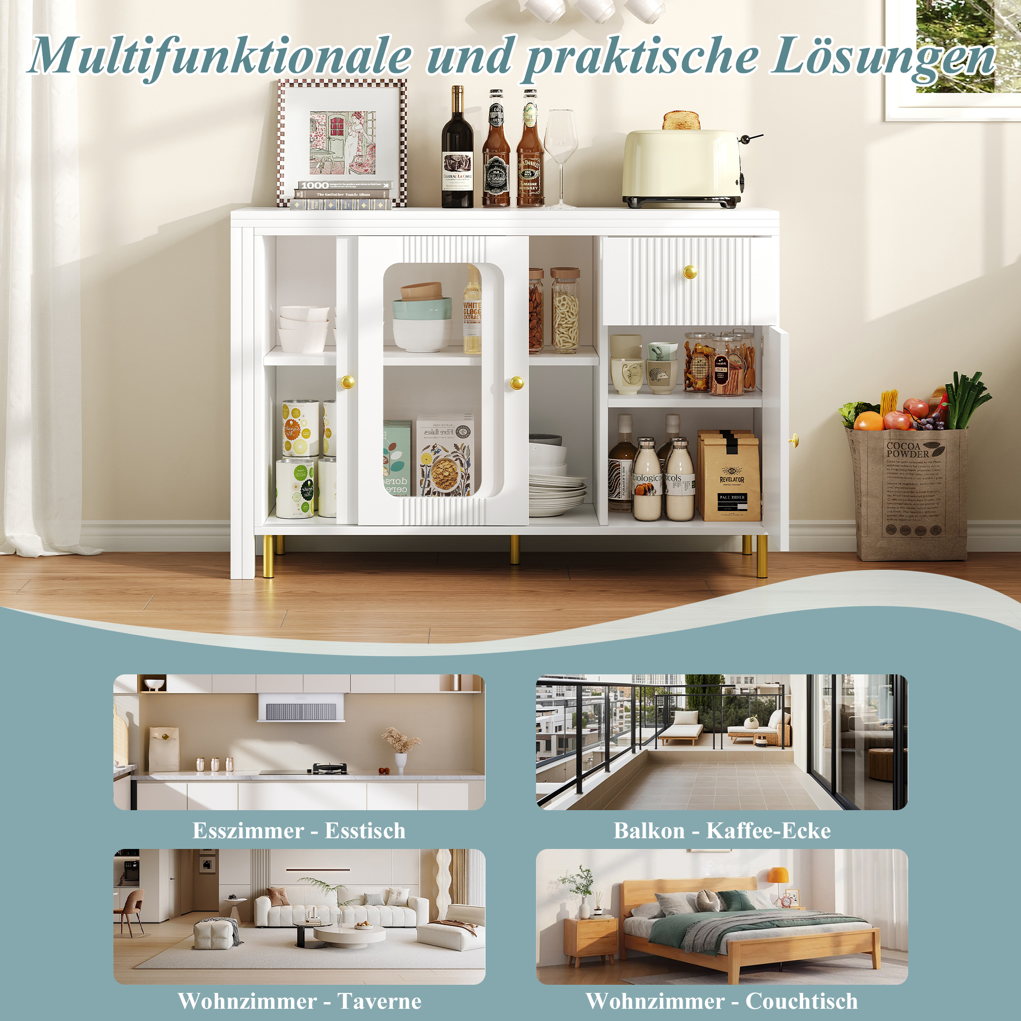 Buffet Extensible Blanc avec Table à Manger Convertible, Portes Coulissantes Verre et Tiroirs Intégrés pour Salle à Manger