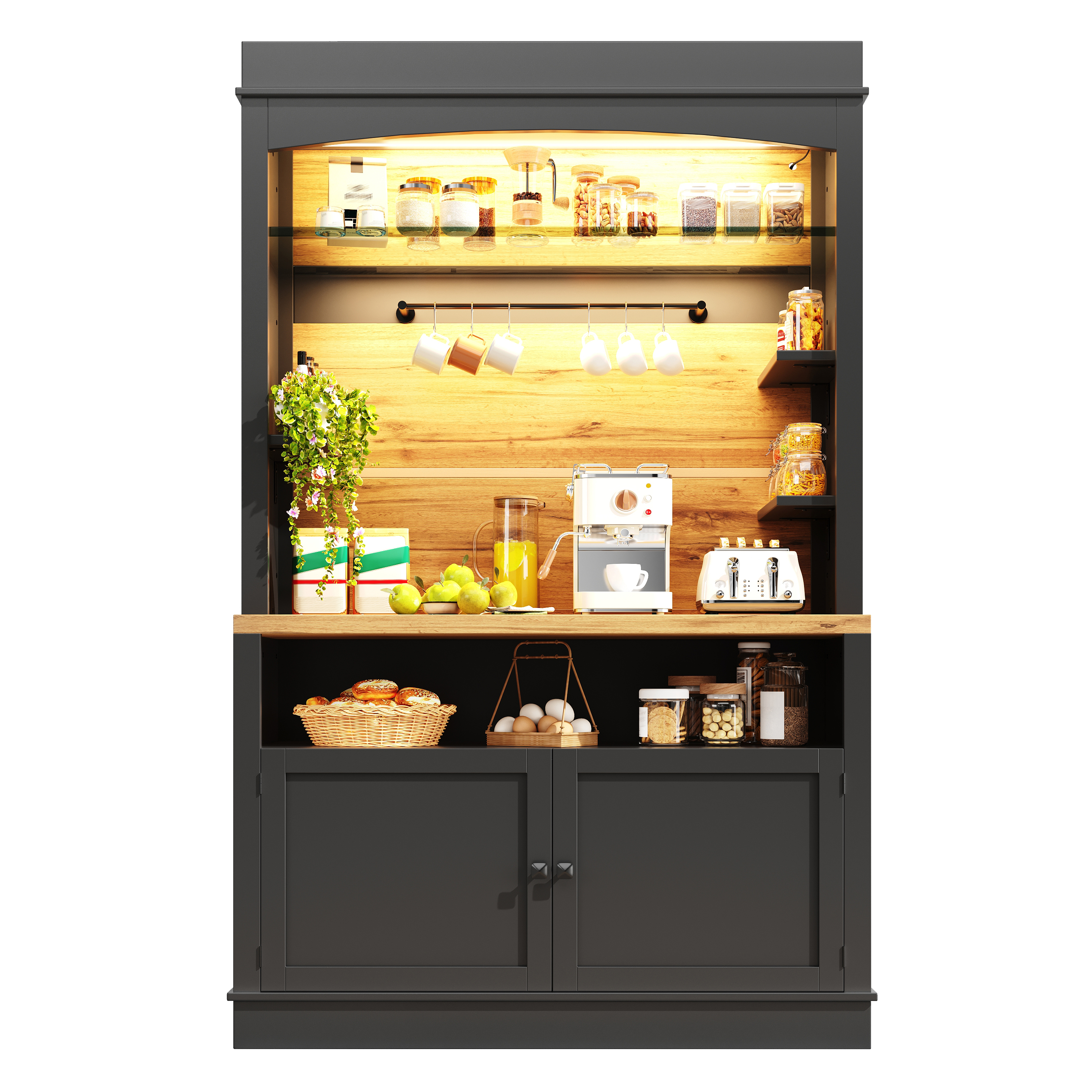 Buffet Haut 107x43x184 cm, Grand Meuble Rangement Cuisine avec Plaque de Travail et Rangements Multiples
