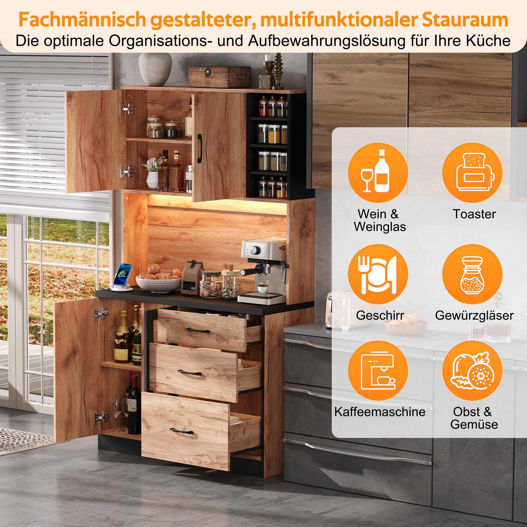 Buffet de cuisine haut 180x105x40 cm, design moderne noir et effet bois, avec tiroirs intégrés et étagères ajustables pour cuisine ou salle à manger.
