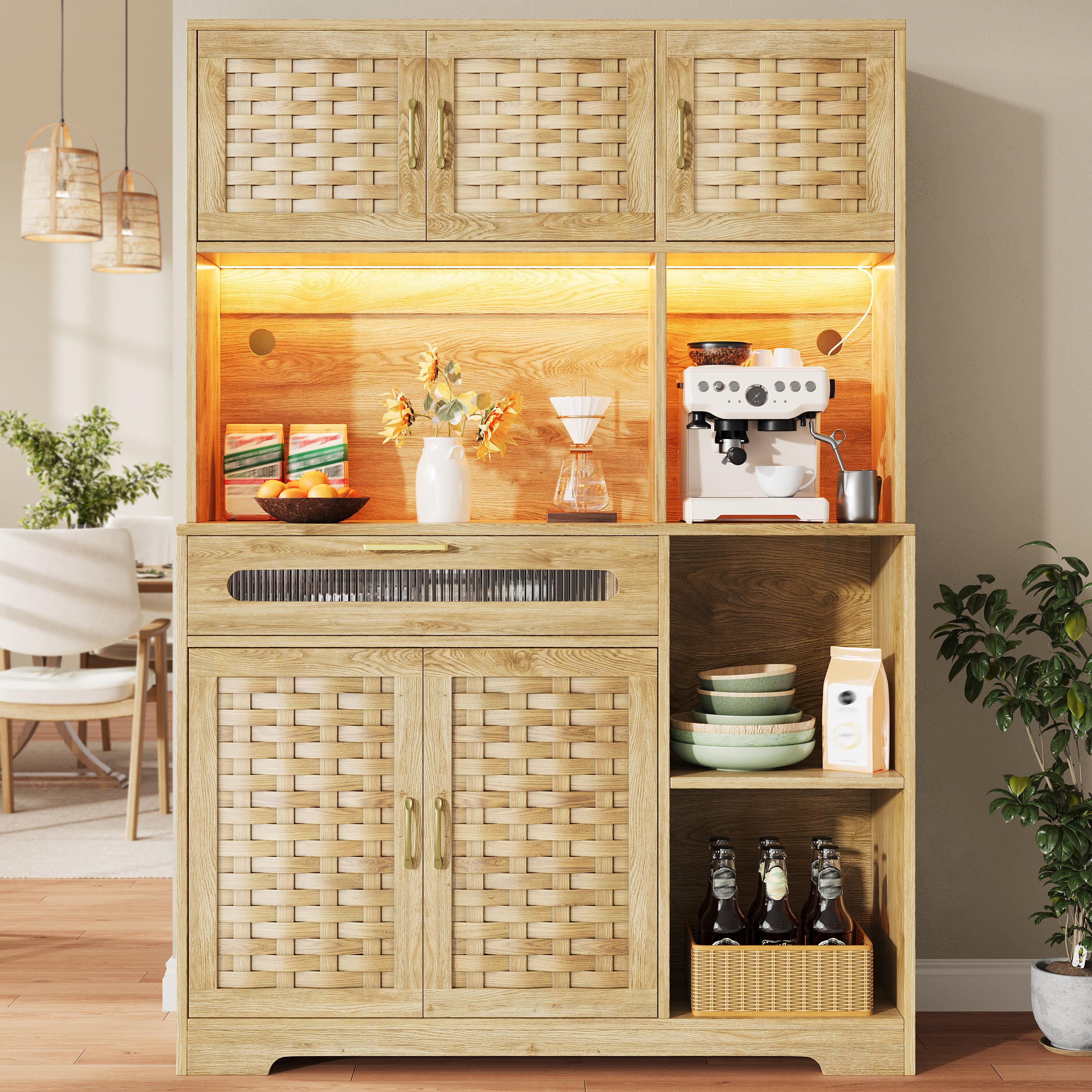 Buffet Grand Format 120x40x180 cm, Meuble Rangement Cuisine avec LED, USB, Tiroirs, Charge Max 60kg, Montage 60 Min