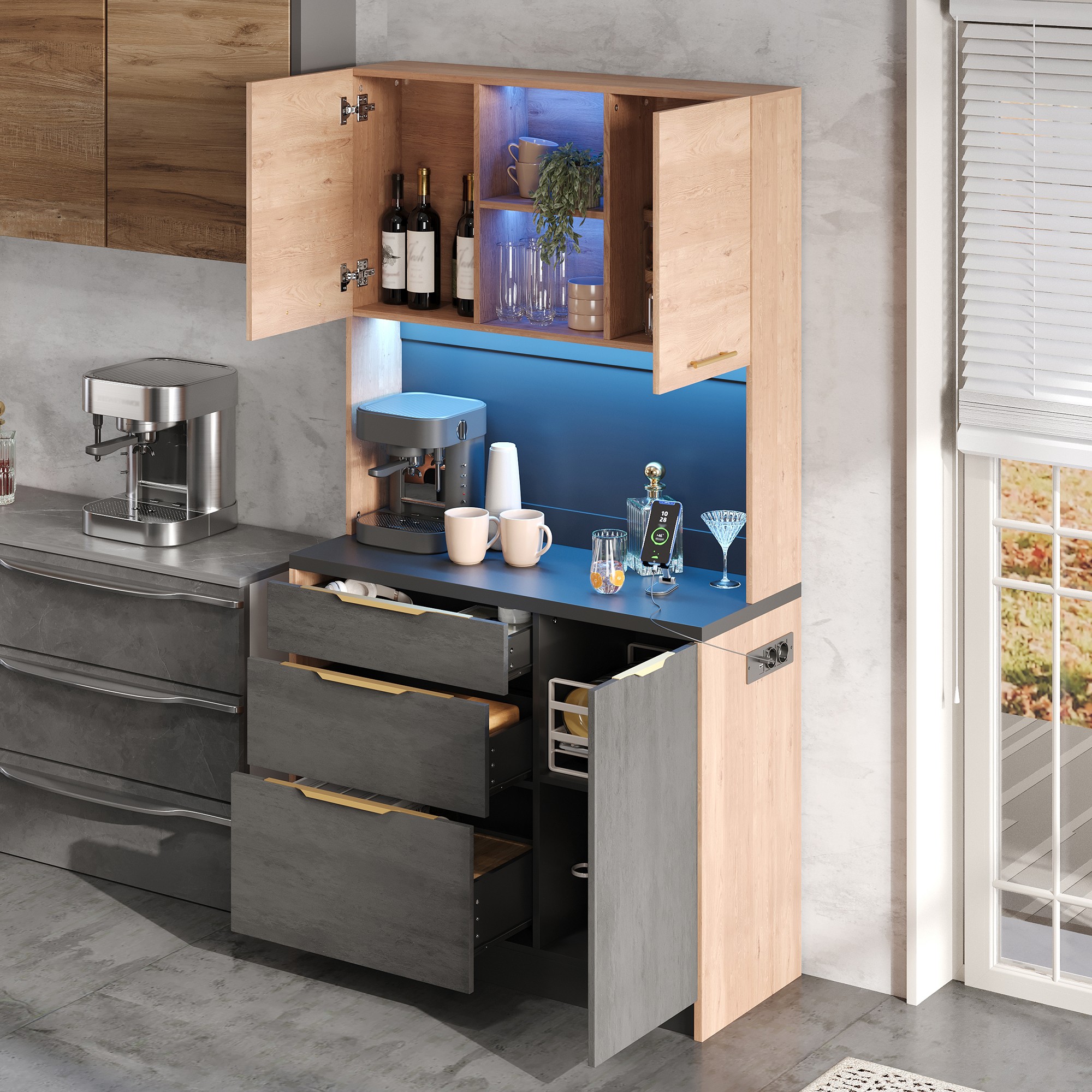 Buffet de cuisine 180x100x40 cm, haute capacité avec 3 tiroirs et étagère, structure Panneau composite de fibres de bois à densité robuste, idéal rangement cuisine ou salon.