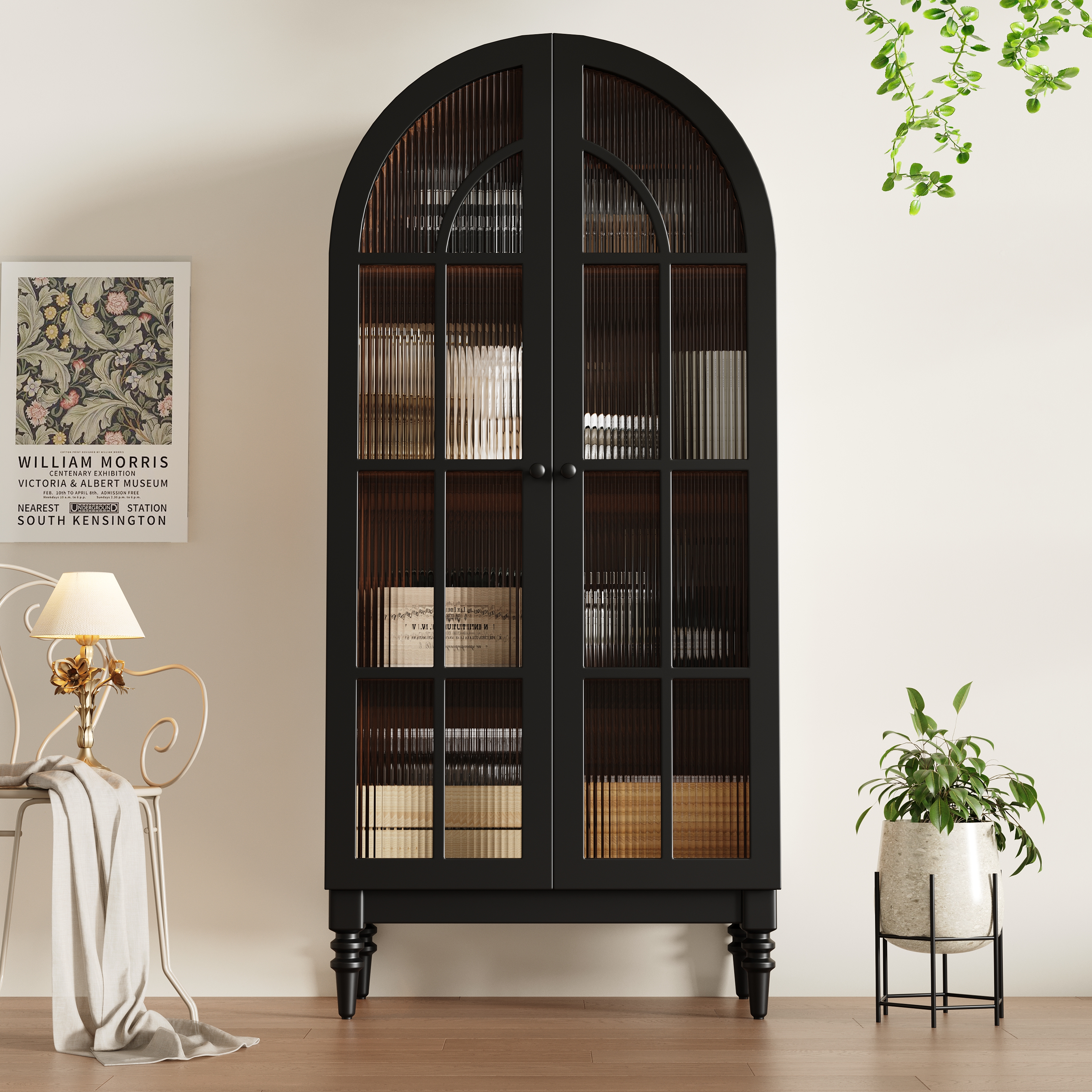 Buffet de cuisine haut noir, dimensions 152x38.5x165 cm, meuble rangement avec portes en verre et éclairage LED pour salon