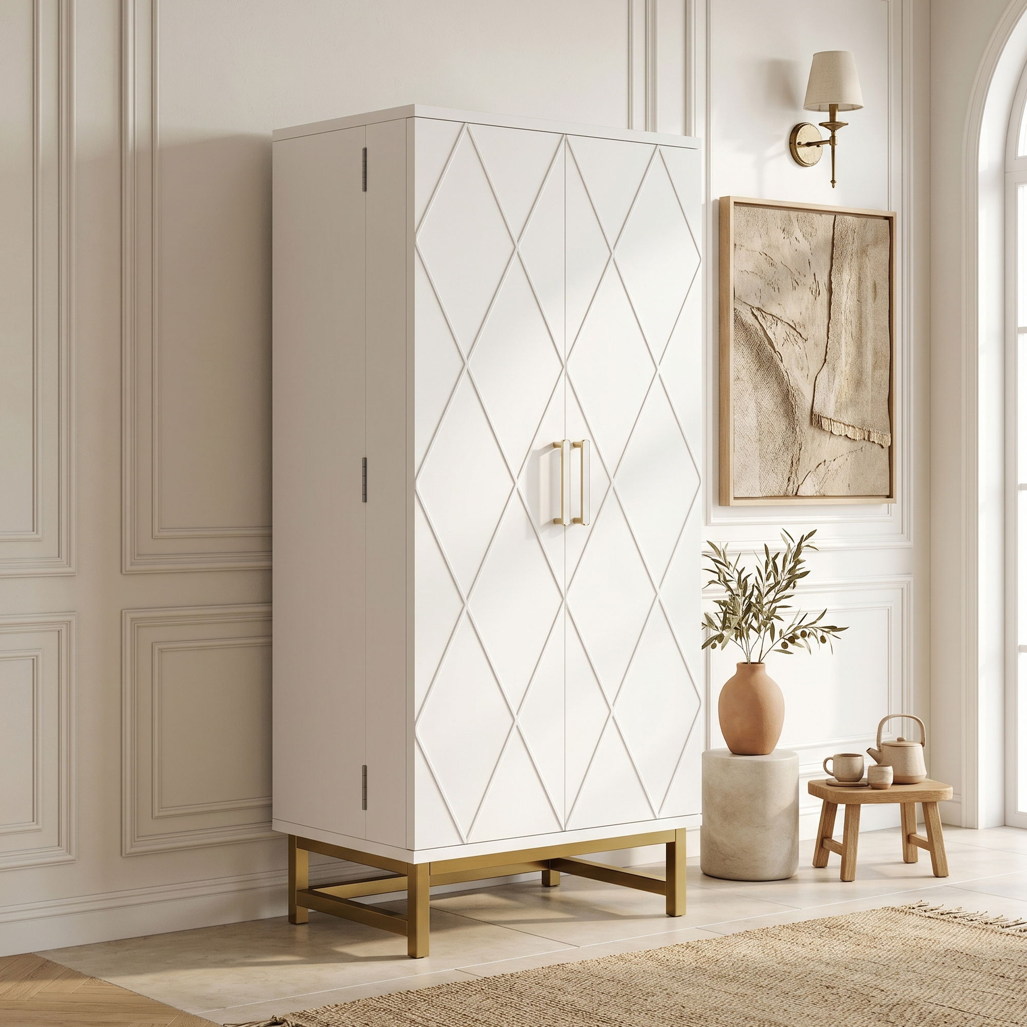 Buffet de cuisine blanc et or, meuble haut 60x40x130 cm, rangement avec étagères ajustables et portes intégrées, idéal pour petite cuisine ou salon