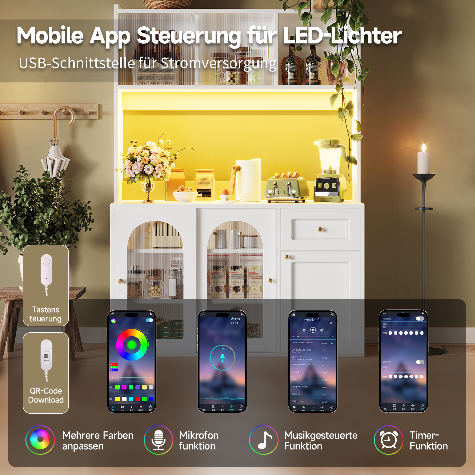 Buffet de cuisine LED avec contrôle application mobile et synchronisation musicale, meuble haut blanc à portes vitrées coulissantes