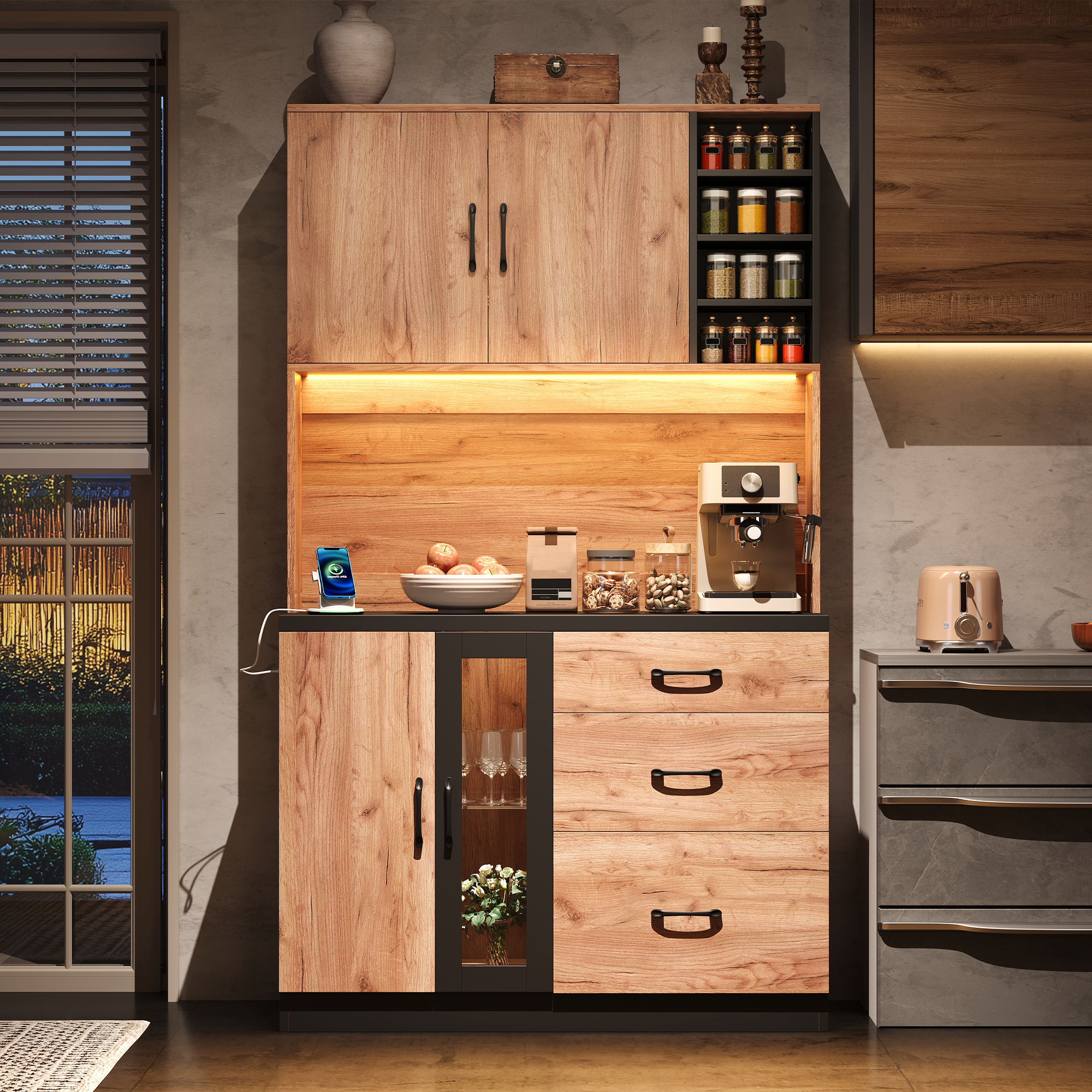 Buffet de cuisine haut 180x105x40 cm, design moderne noir et effet bois, avec tiroirs intégrés et étagères ajustables pour cuisine ou salle à manger.