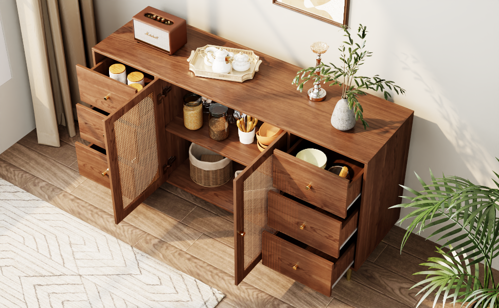 Buffet De Rangement Spacieux Avec 6 Tiroirs Et 2 Portes, Meuble Multiusage Pour Cuisine Ou Salon, Structure Stable En Panneau composite de fibres de bois à densité, 160 Cm