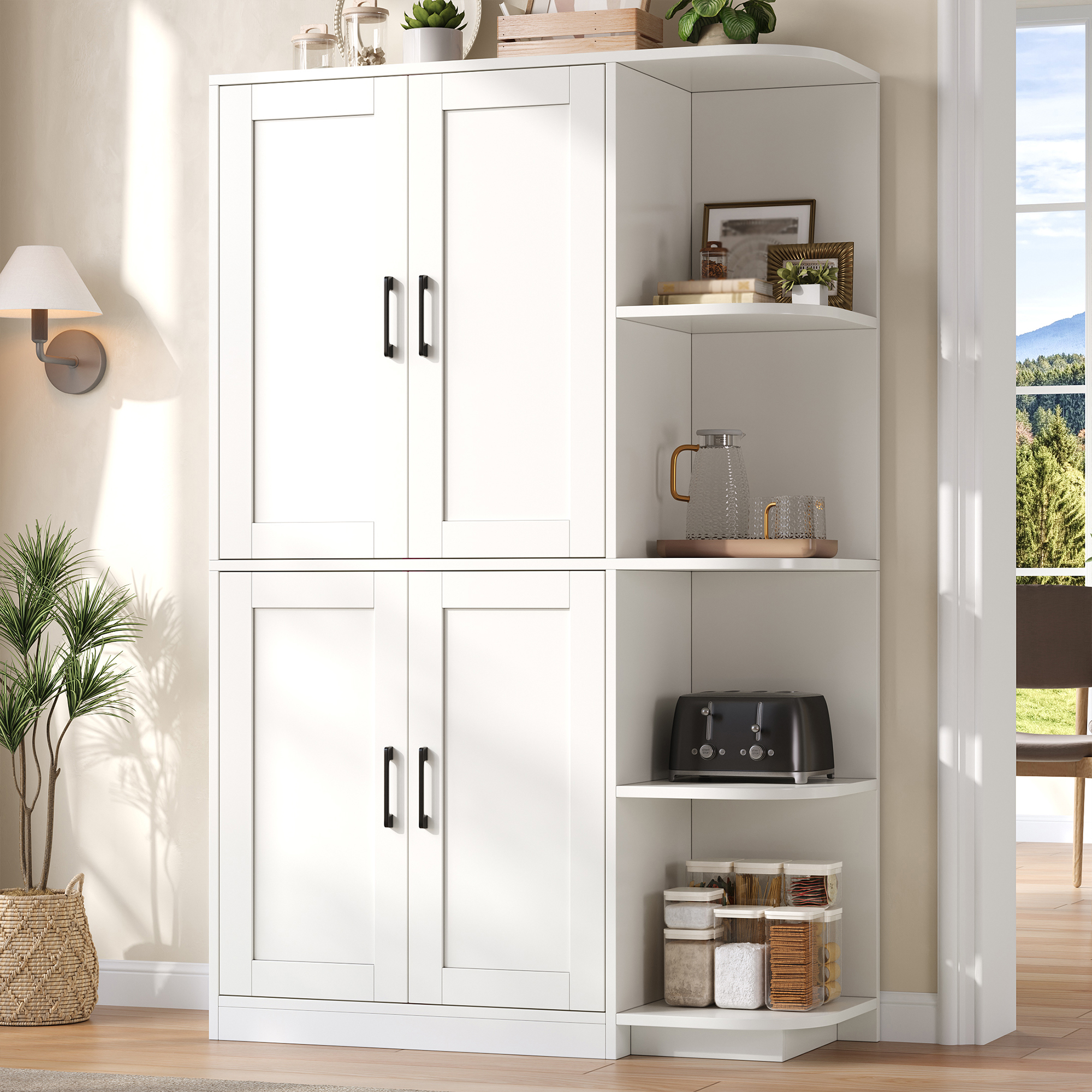 Buffet de cuisine haut blanc 4 portes, meuble rangement Panneau composite de fibres de bois à densité avec étagères réglables et éclairage LED, 103x40x163 cm