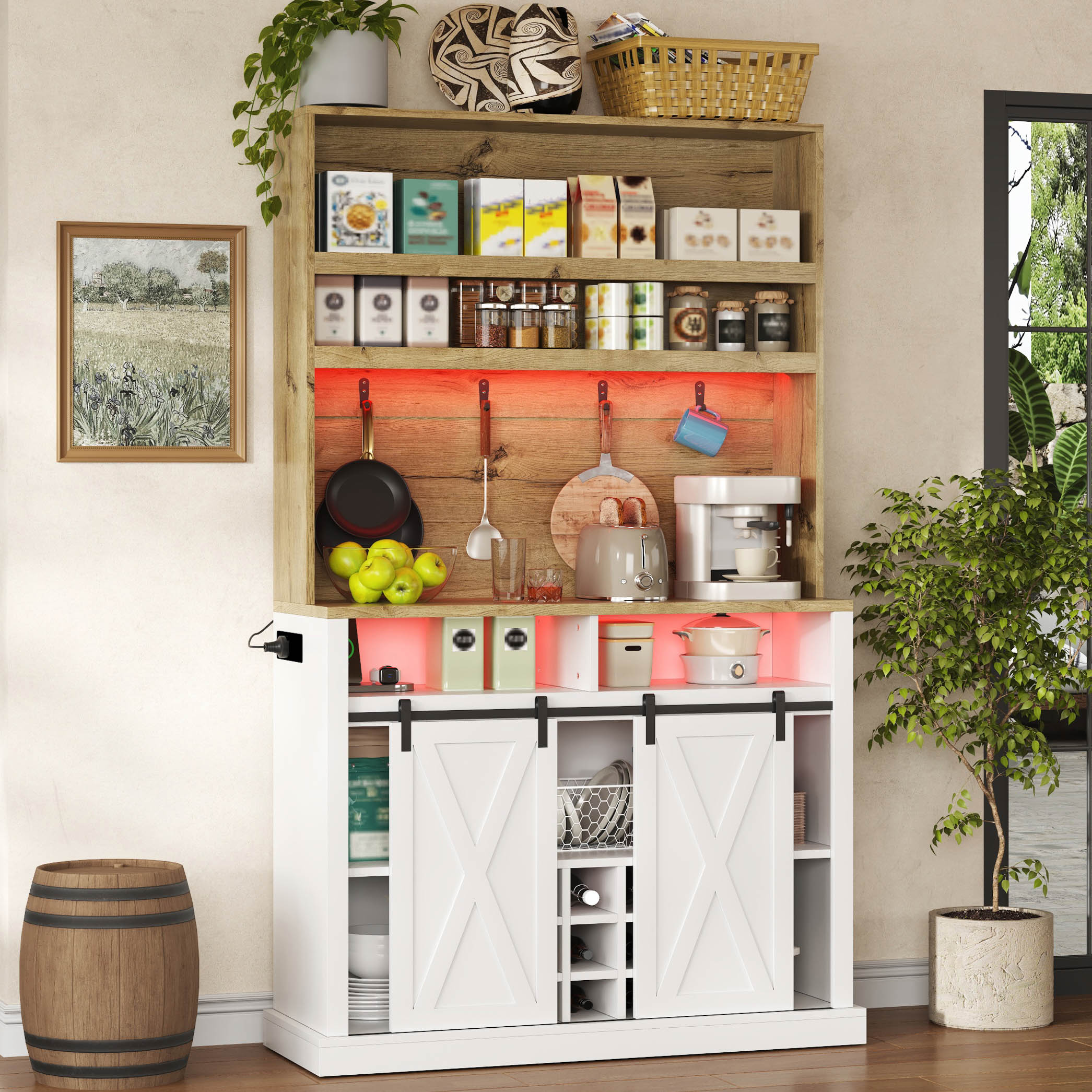 Buffet de cuisine haut 191x110 cm, Armoire rangement avec portes coulissantes, Éclairage LED intégré, Design moderne Blanc et Naturel