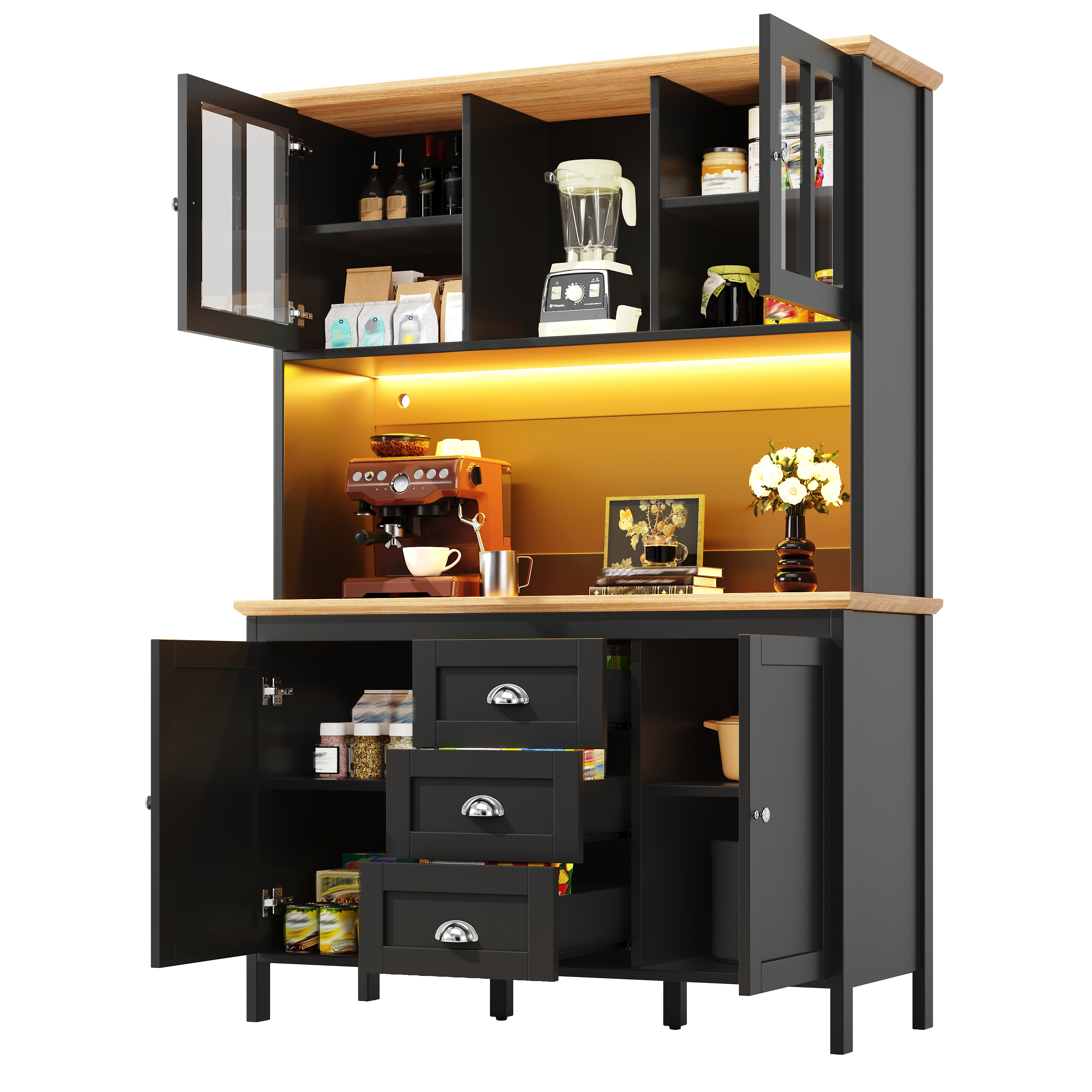 Buffet avec Éclairage LED Appareil Mobile 4 Portes 3 Tiroirs Gestion Câbles Meuble Rangement