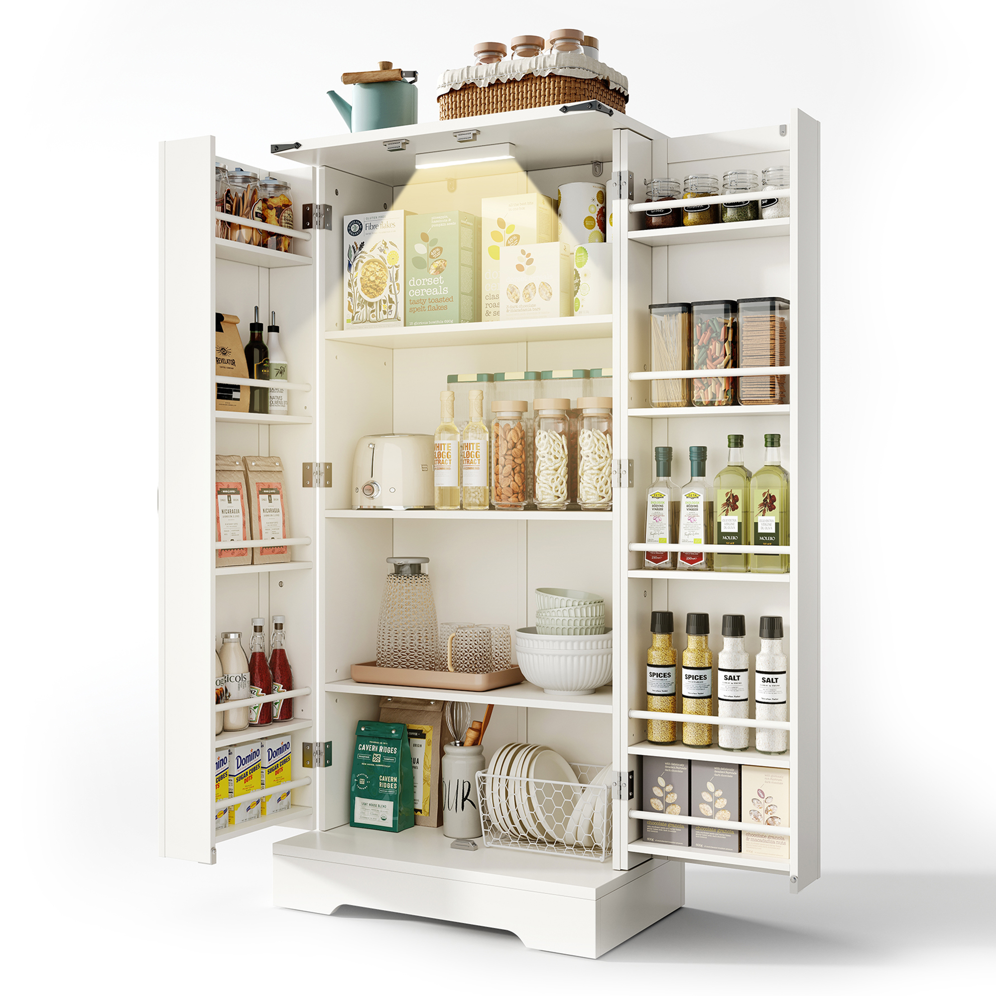 Buffet Étroit 60 cm Largeur, Hauteur 128,5 cm, Meuble Cuisine Blanc avec 2 Portes et 10 Étagères Ajustables