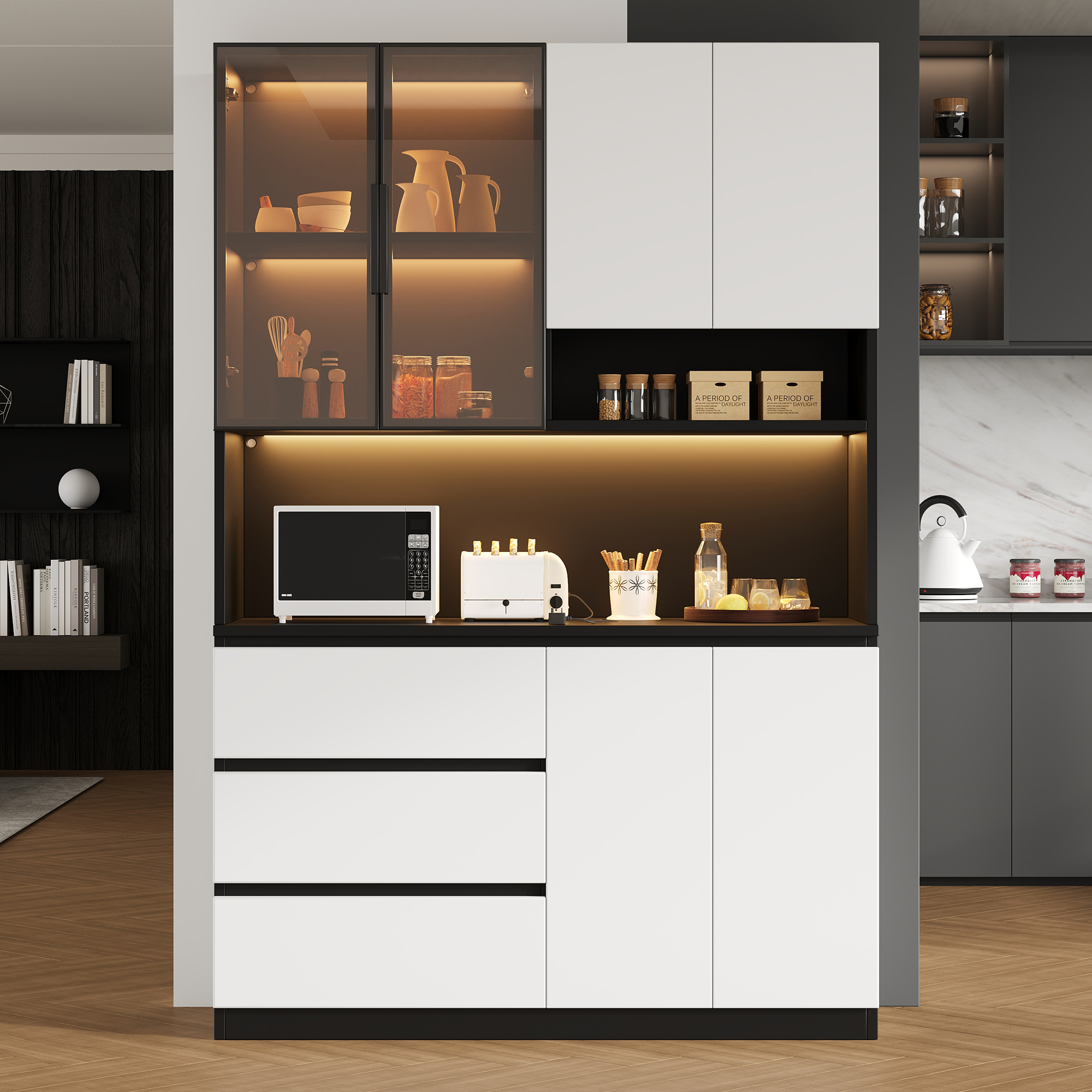 Buffet Moderne Blanc Noir avec LED Intégrée, Meuble Vaisselle 6 Portes 3 Tiroirs, Étagères Ajustables, 120x40x180 cm