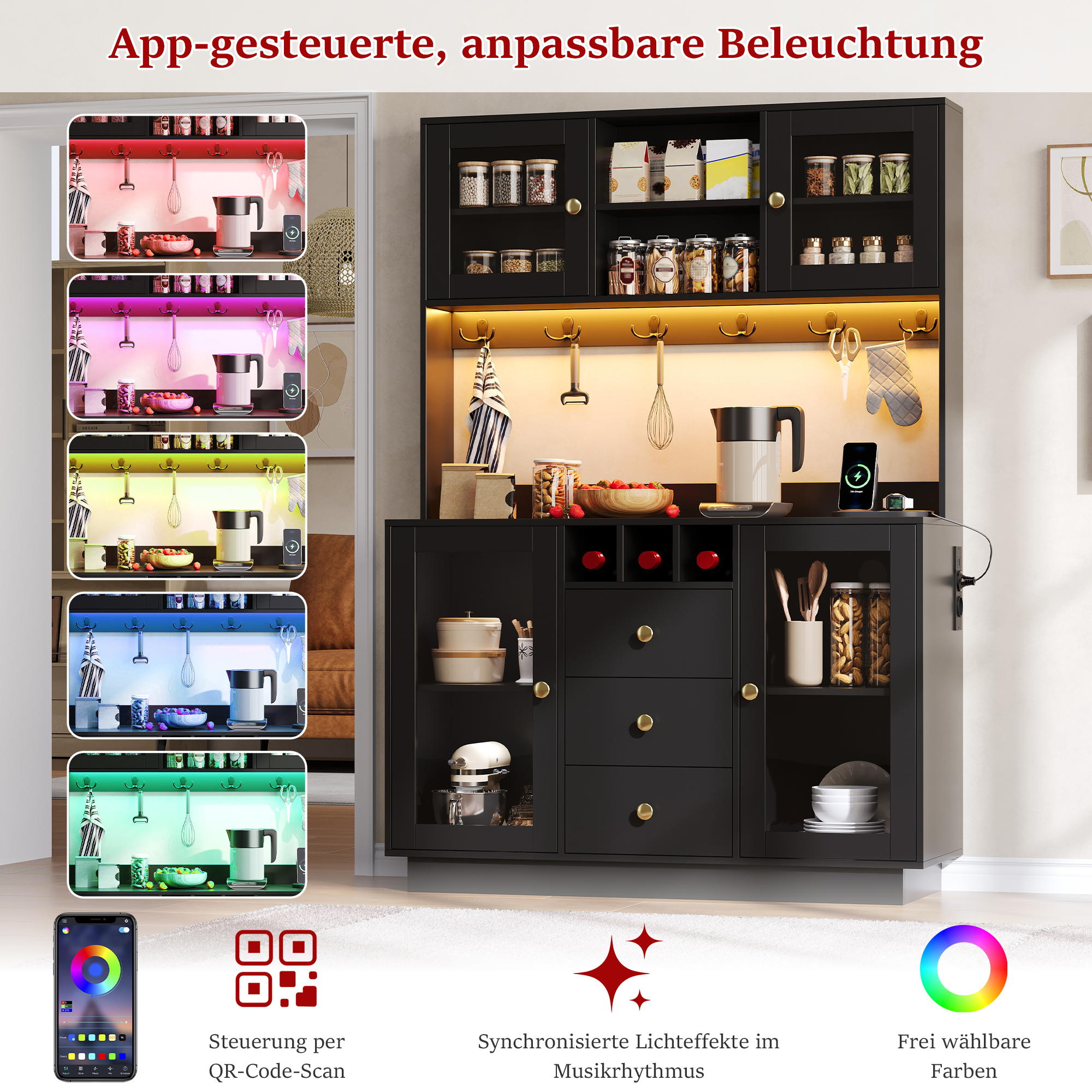 Buffet de cuisine noir avec LED RGB et prises USB, meuble haut 3 tiroirs pour rangement cuisine moderne