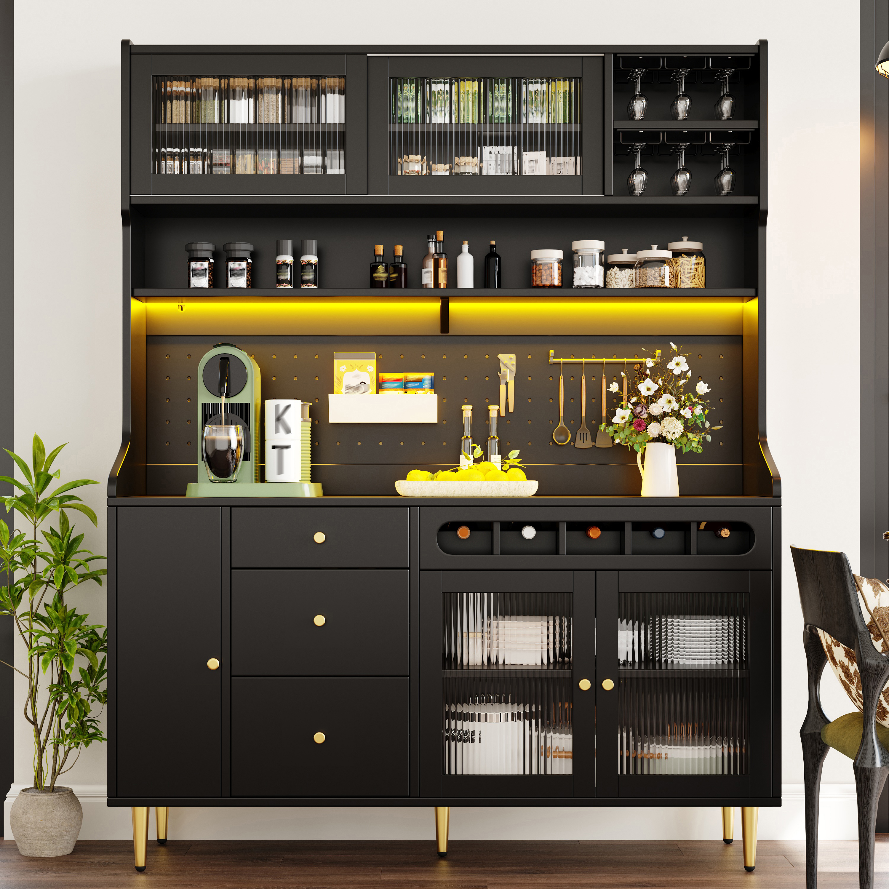 Buffet Cuisine Moderne 145x39x171 cm avec LED Musicales RGB, Appareil Mobile et Rangements Flexibles