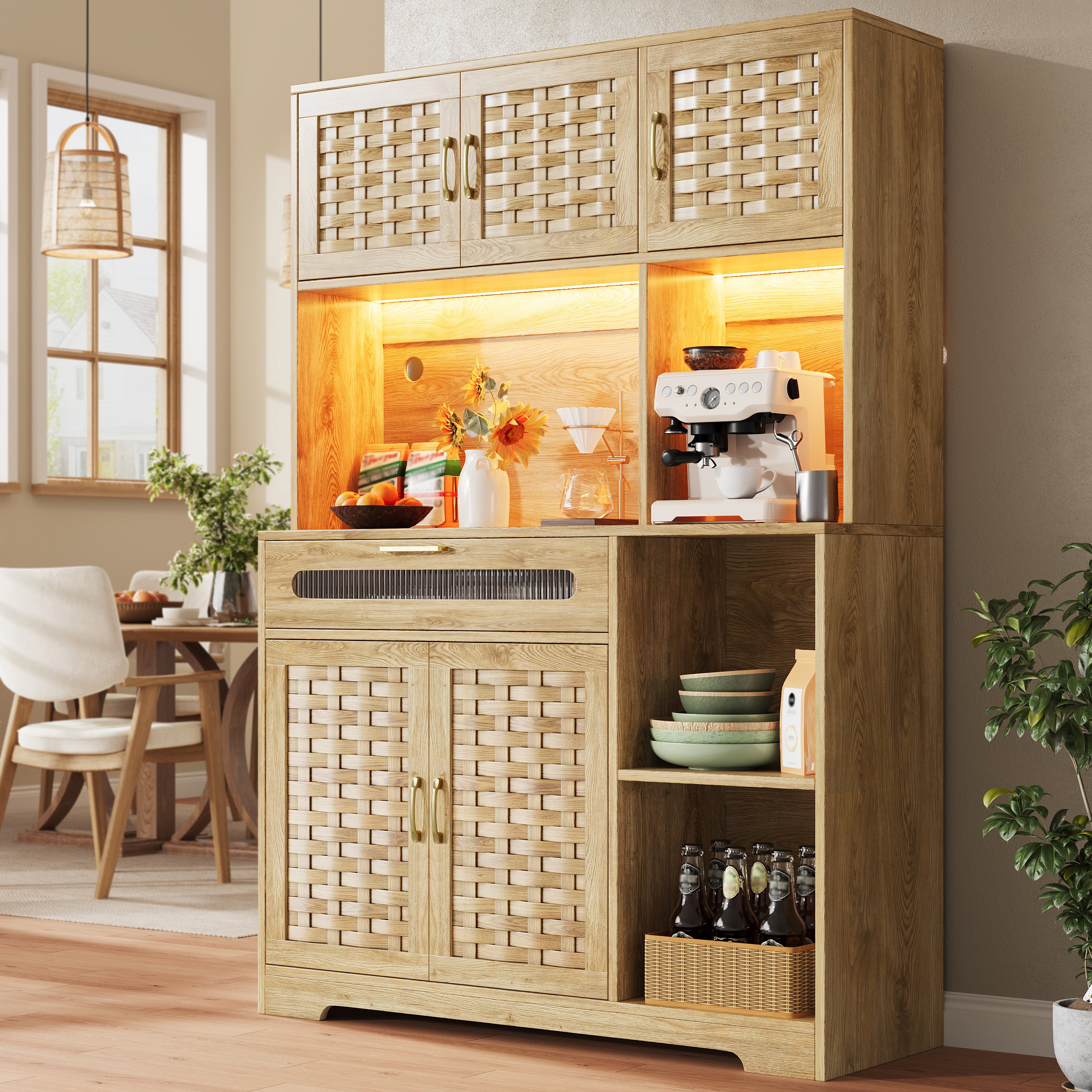 Buffet Grand Format 120x40x180 cm, Meuble Rangement Cuisine avec LED, USB, Tiroirs, Charge Max 60kg, Montage 60 Min