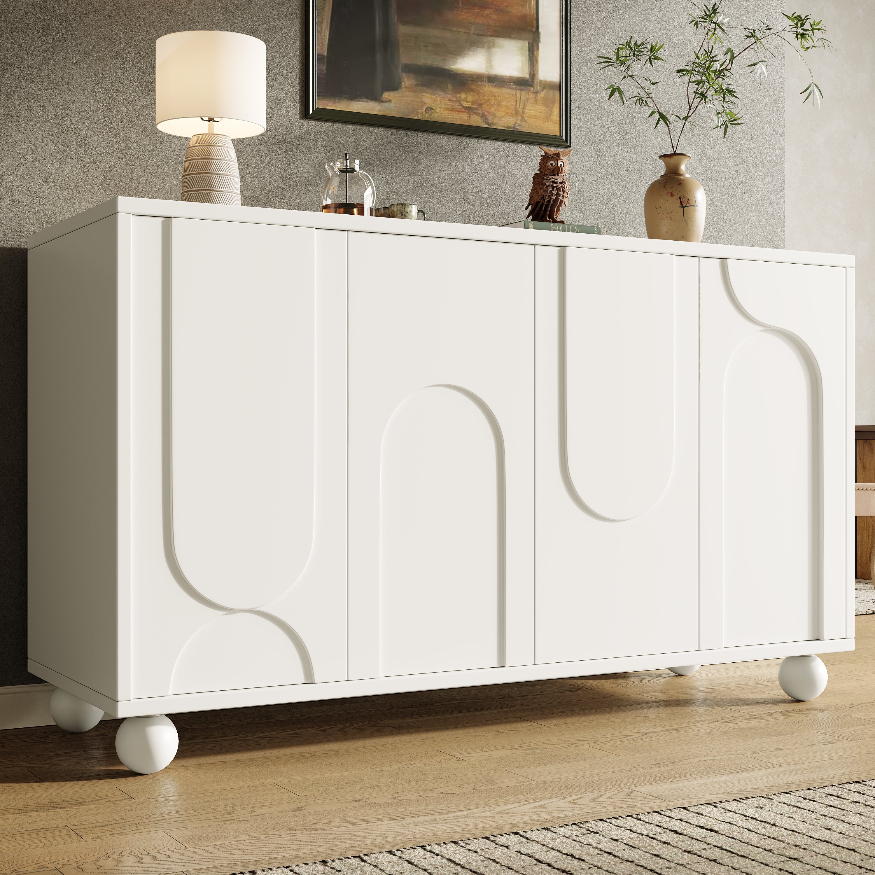 Buffet Blanc Moderne 120x35x71 cm, Meuble Rangement Cuisine avec Portes Auto-Rebond et Étagères Ajustables