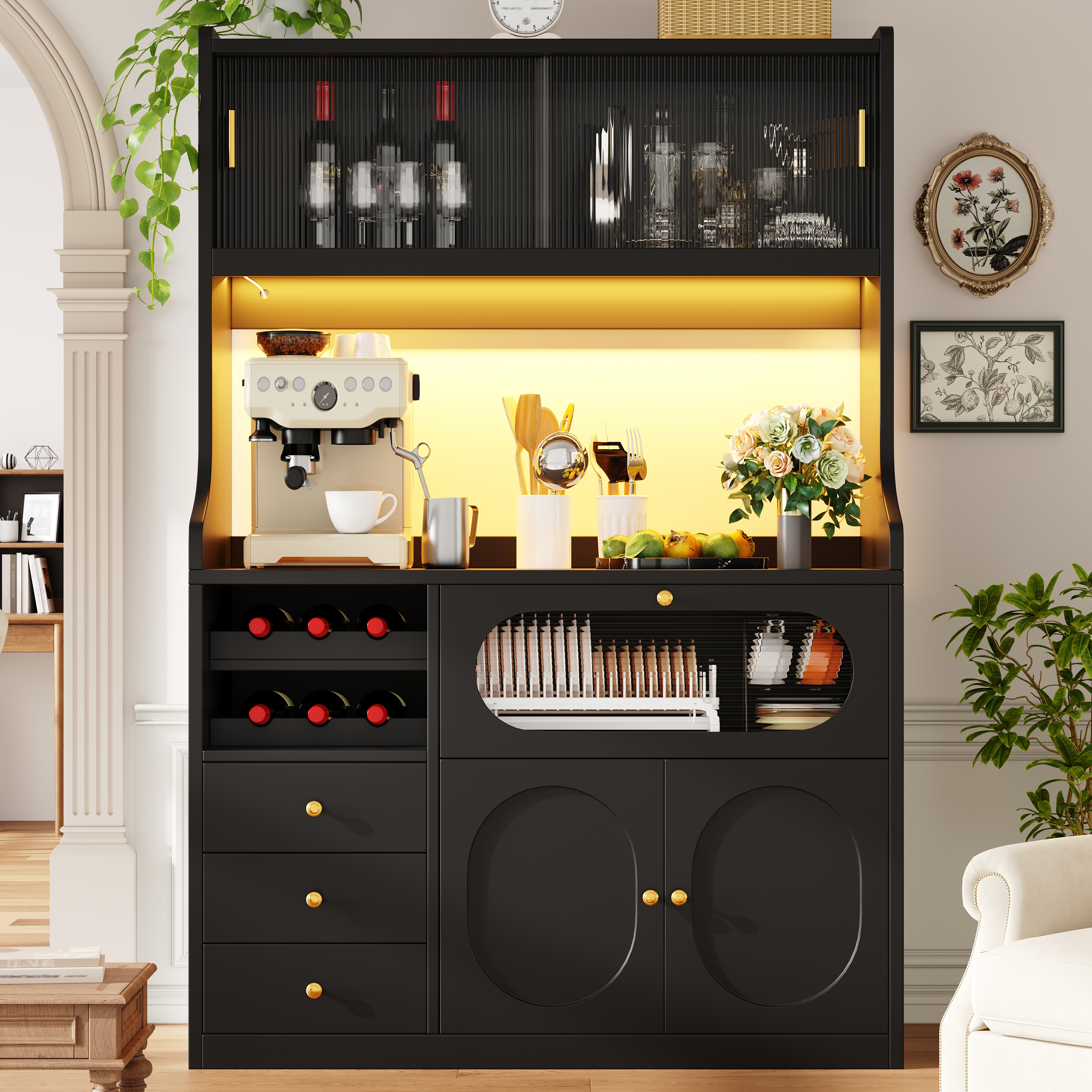 Buffet noir 120x40x180cm, Meuble de rangement cuisine en Panneau composite de fibres de bois à densité et métal avec portes coulissantes en verre et 3 tiroirs intégrés