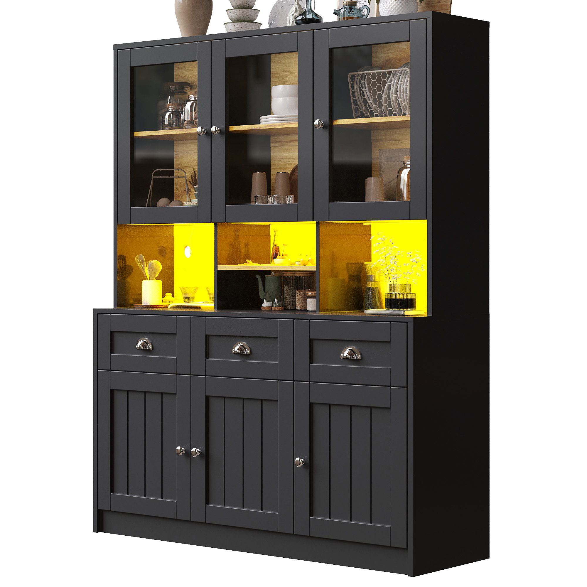 Buffet de cuisine haut 140x175 cm, Meuble vaisselier Panneau composite de fibres de bois à densité noir avec portes en acrylique et étagères réglables