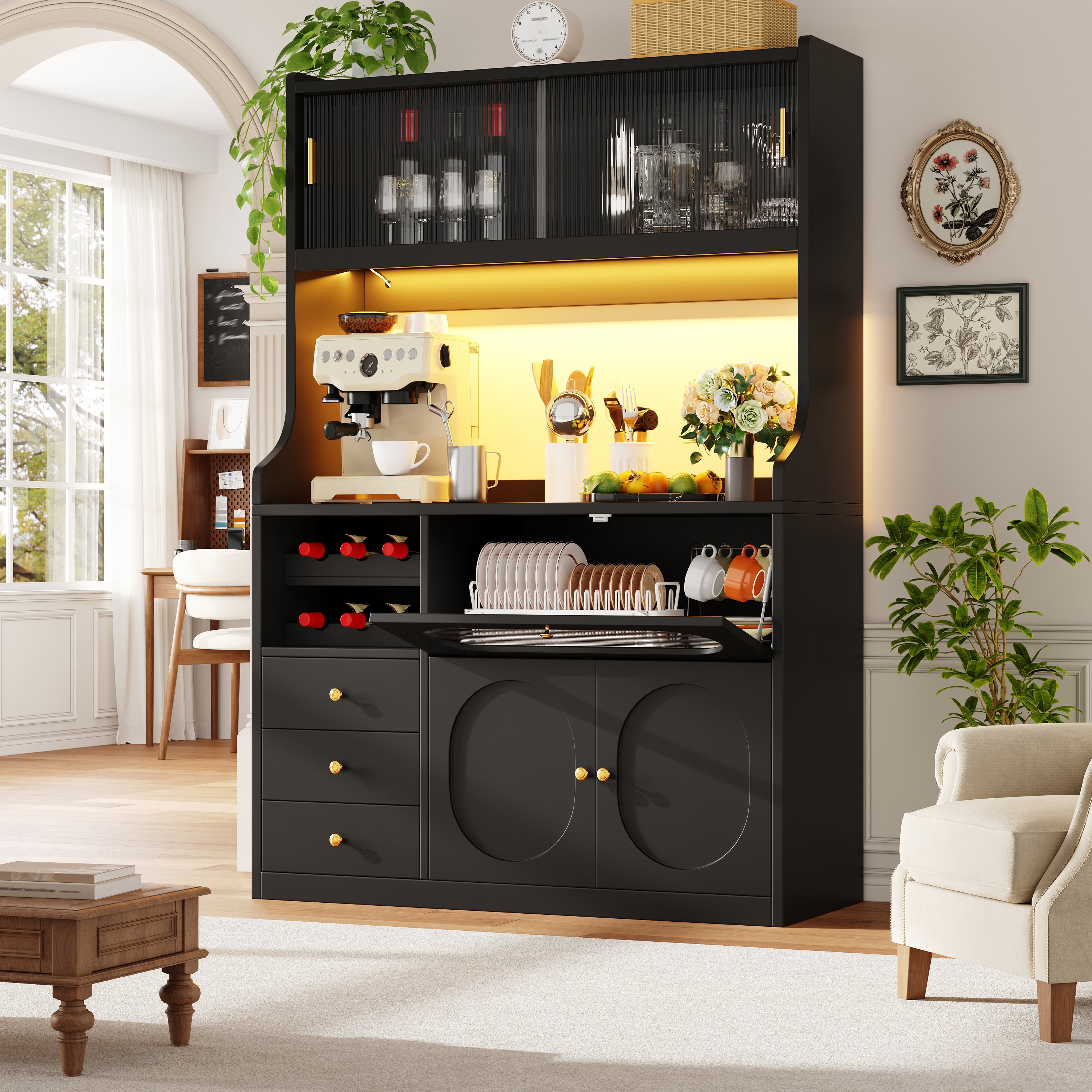 Buffet noir 120x40x180cm, Meuble de rangement cuisine en Panneau composite de fibres de bois à densité et métal avec portes coulissantes en verre et 3 tiroirs intégrés