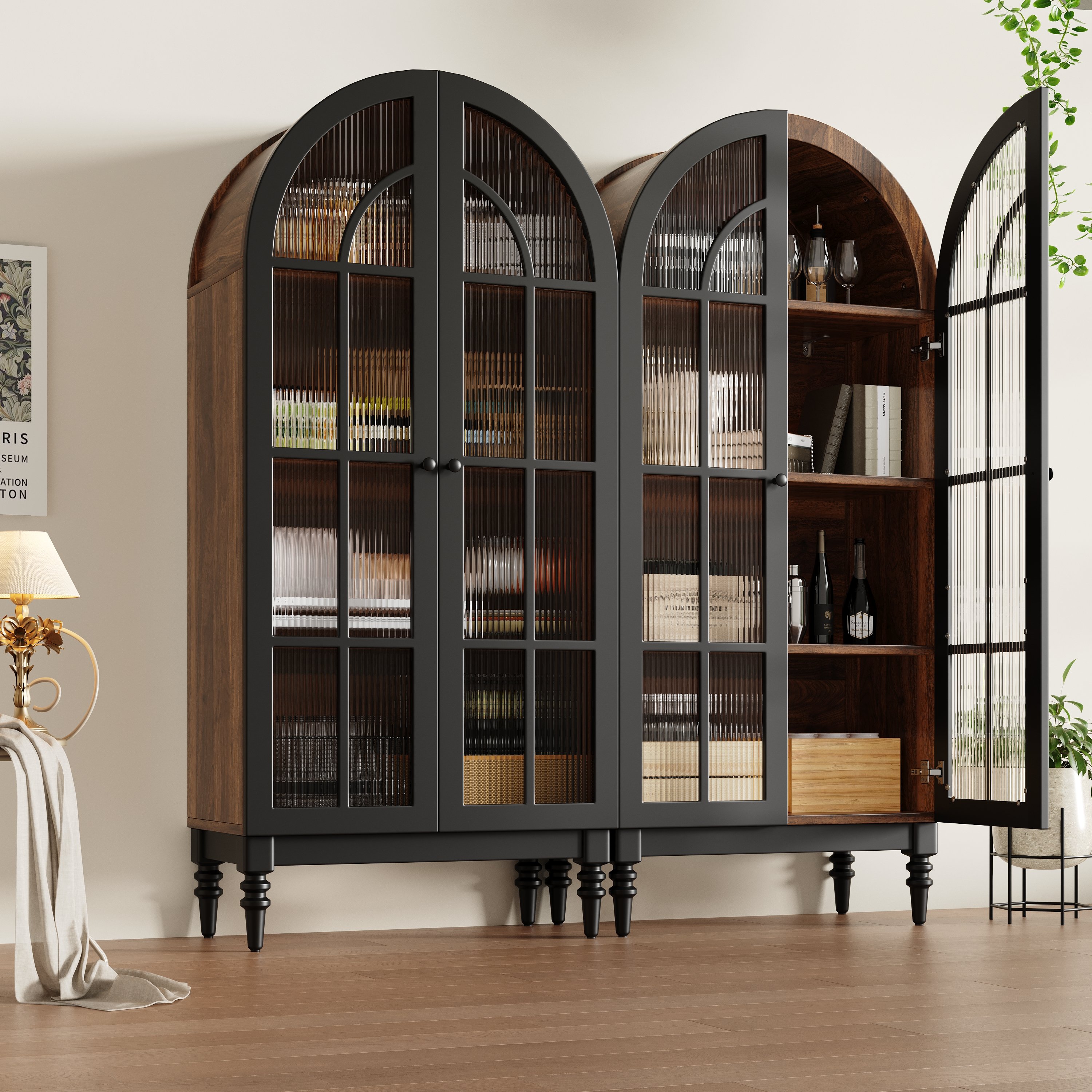 Buffet de cuisine haut noir, dimensions 152x38.5x165 cm, meuble rangement avec portes en verre et éclairage LED pour salon