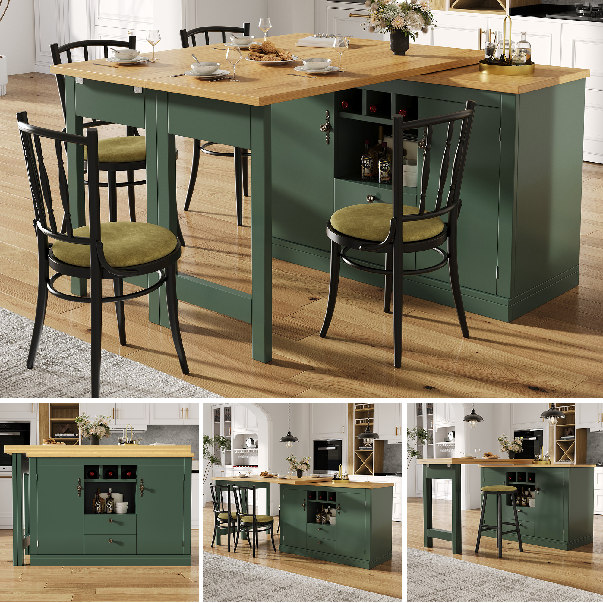 Buffet Extensible Vert Antique, Meuble Rangement Transformable 120-180 cm, Panneau composite de fibres de bois à densité Moderne avec Étagère à Vin et Tiroirs Intégrés