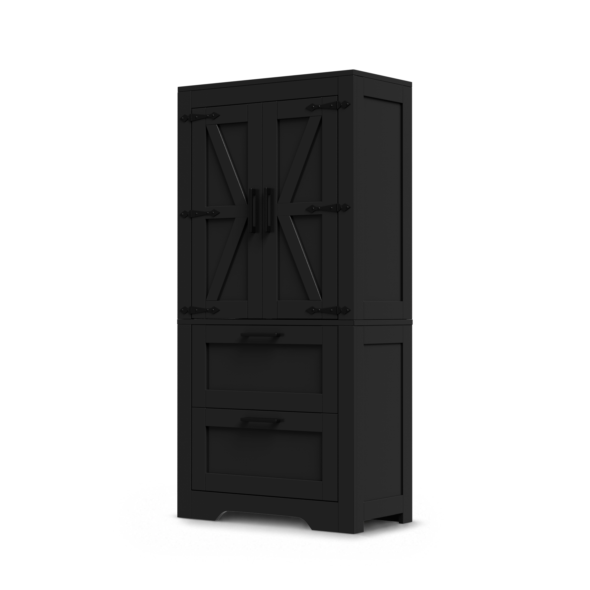 Buffet Style Ferme Noir Avec 2 Tiroirs Et Portes Coulissantes, Meuble De Rangement Multifonction Pour Vaisselle Et Décoration