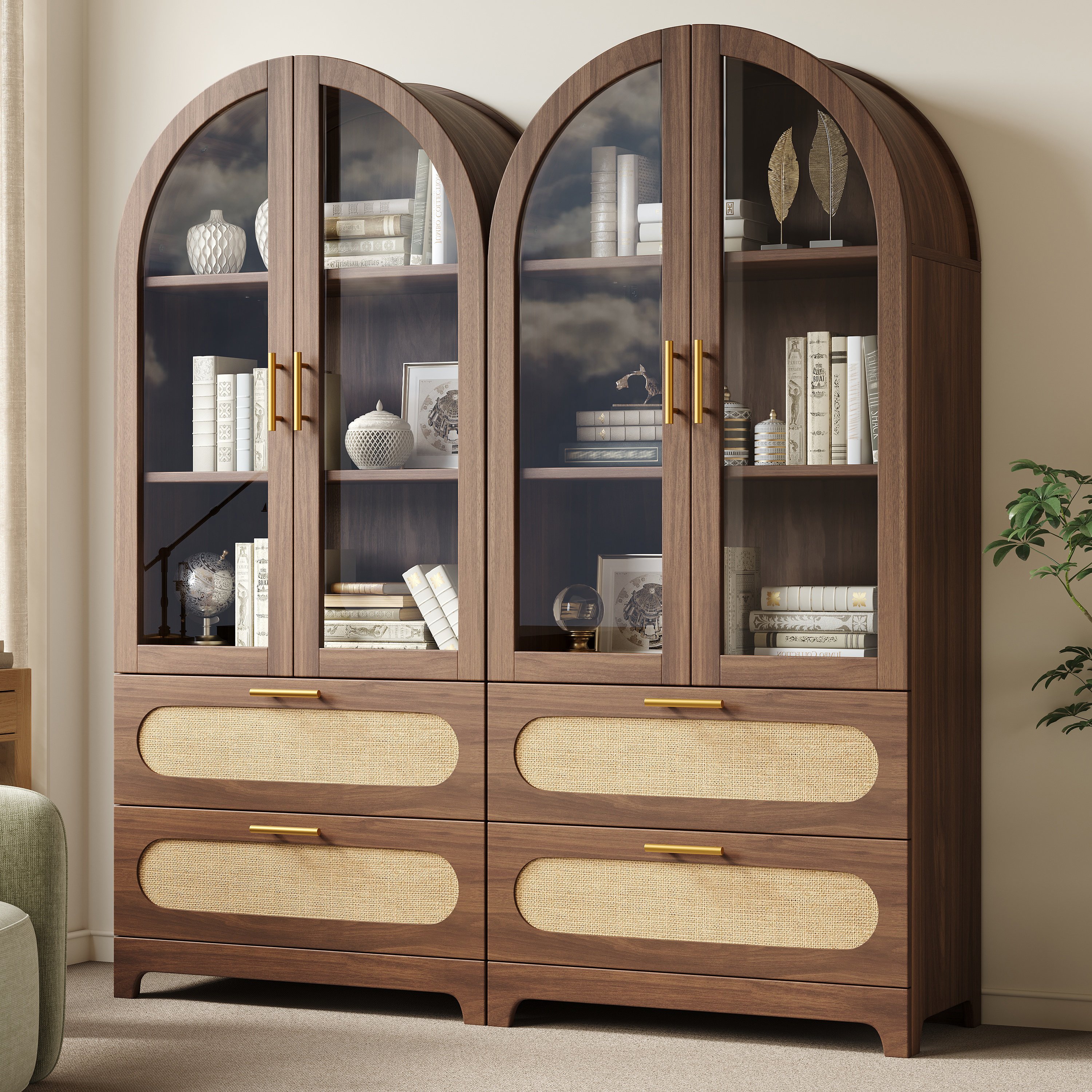 Buffet Vintage Style Montmartre avec Verre Trempé et LED, Meuble Vaisselier Moderne à 2 Tiroirs et Étagères pour Décoration