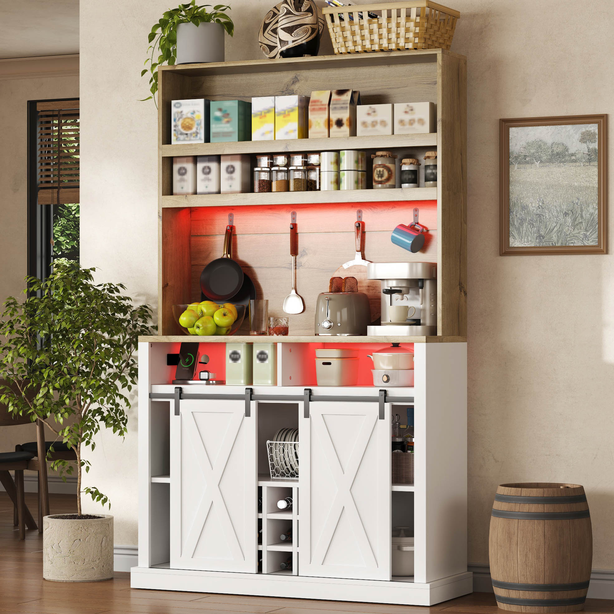 Buffet de cuisine haut 191x110 cm, Armoire rangement avec portes coulissantes, Éclairage LED intégré, Design moderne Blanc et Naturel