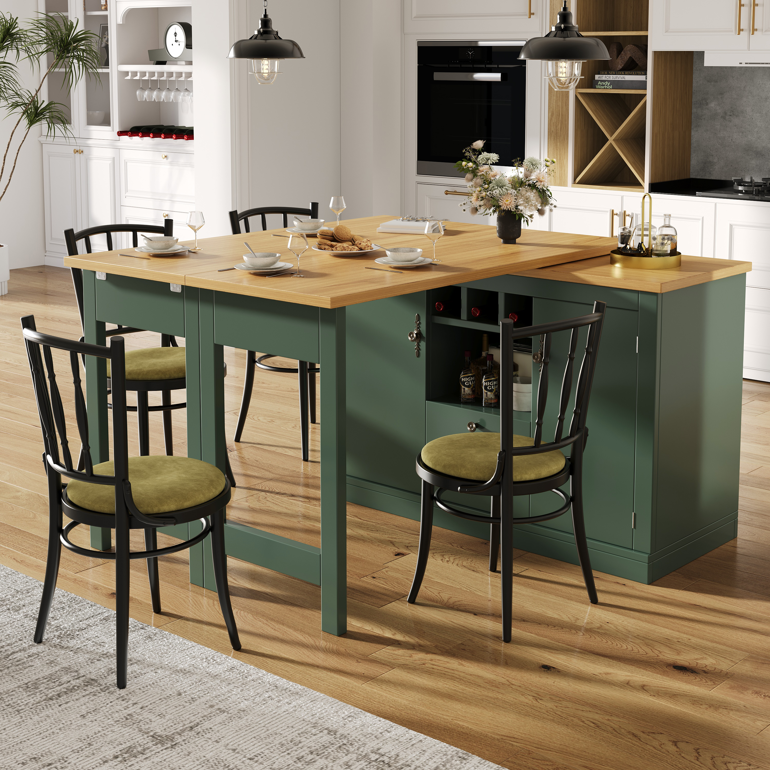 Buffet Extensible Vert Antique, Meuble Rangement Transformable 120-180 cm, Panneau composite de fibres de bois à densité Moderne avec Étagère à Vin et Tiroirs Intégrés