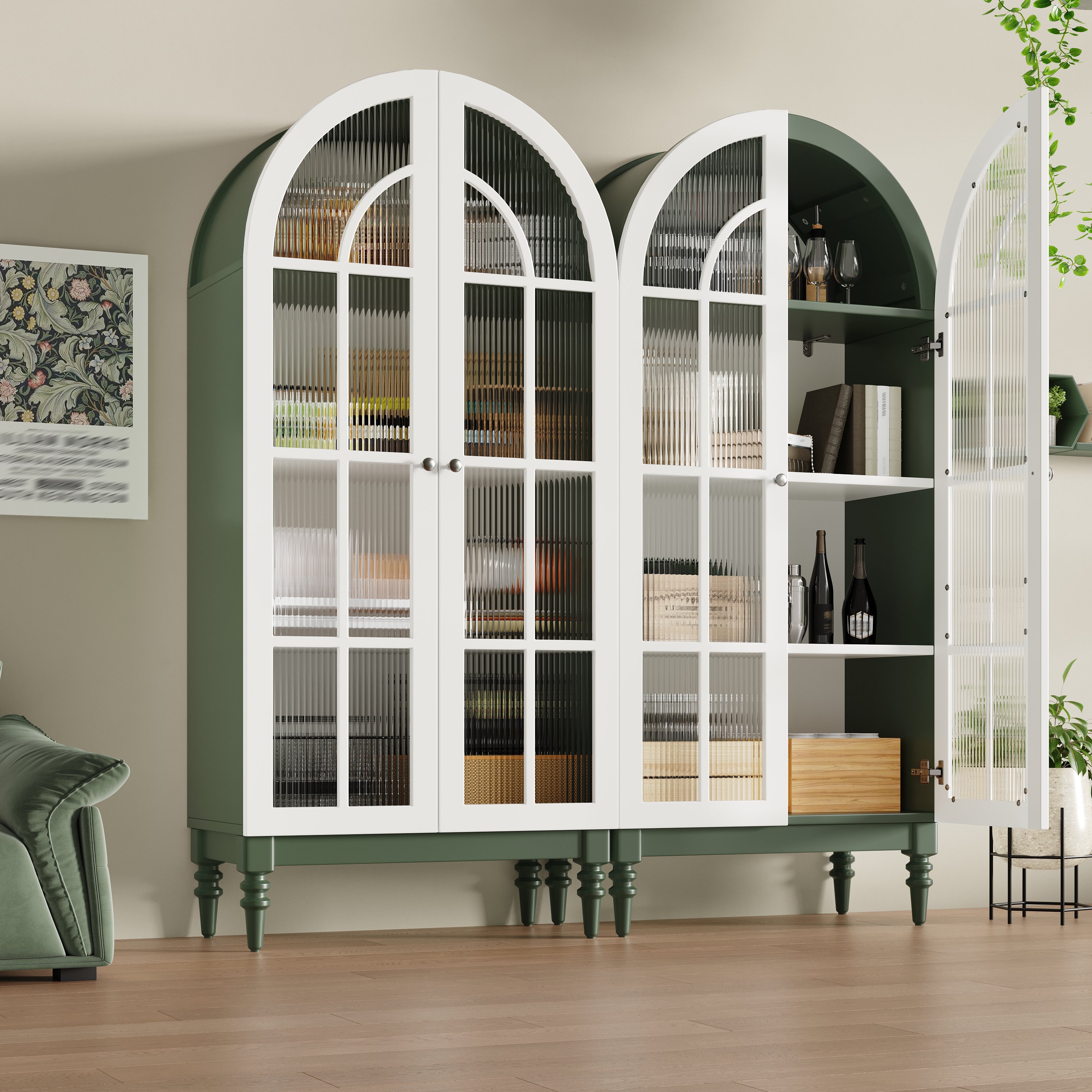 Buffet de cuisine 165 cm avec Éclairage LED, Double Porte Verre Givré Anti-poussière, 3 Étagères Spacieuses pour Vaisselle