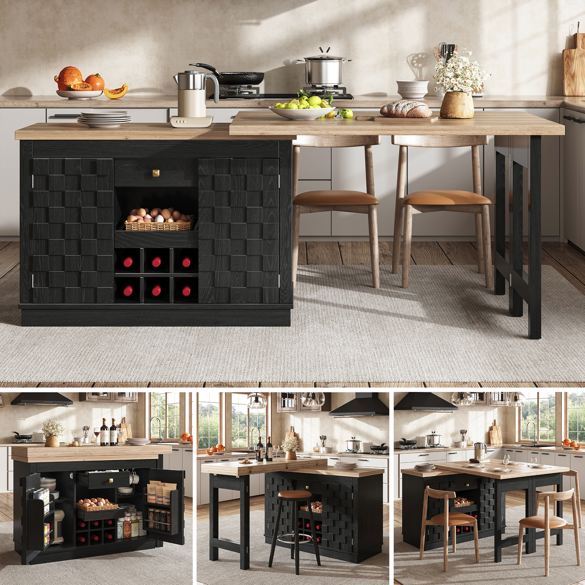 Buffet Cuisine Extensible 120x40x74,2 cm à 197 cm, Meuble Rangement Étroit pour Petite Cuisine avec Organisation Intérieure