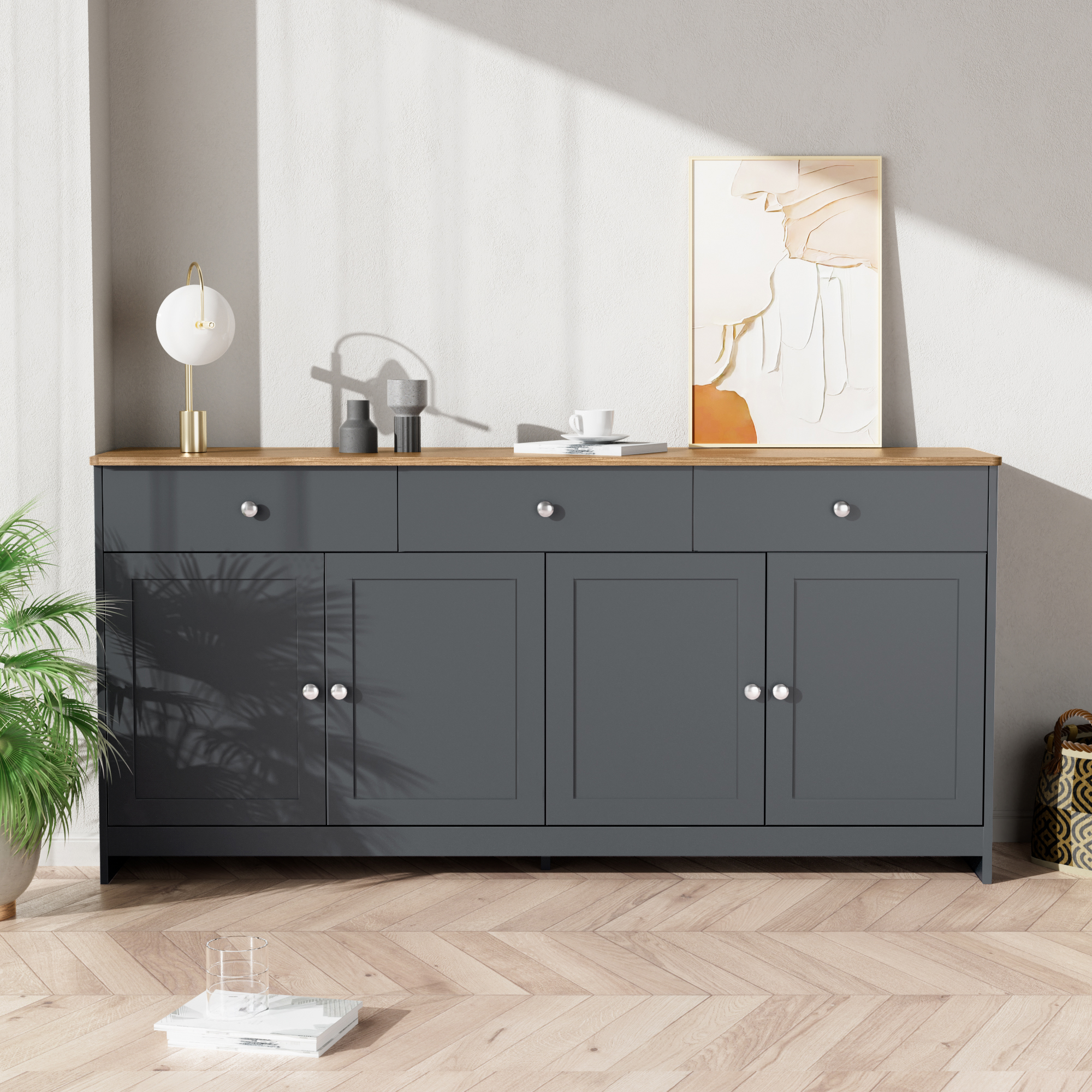 Buffet Cuisine Moderne 160 cm, Armoire Rangement avec 4 Portes Fines et 3 Tiroirs, Style Campagne Gris Noir pour Entrée Salon