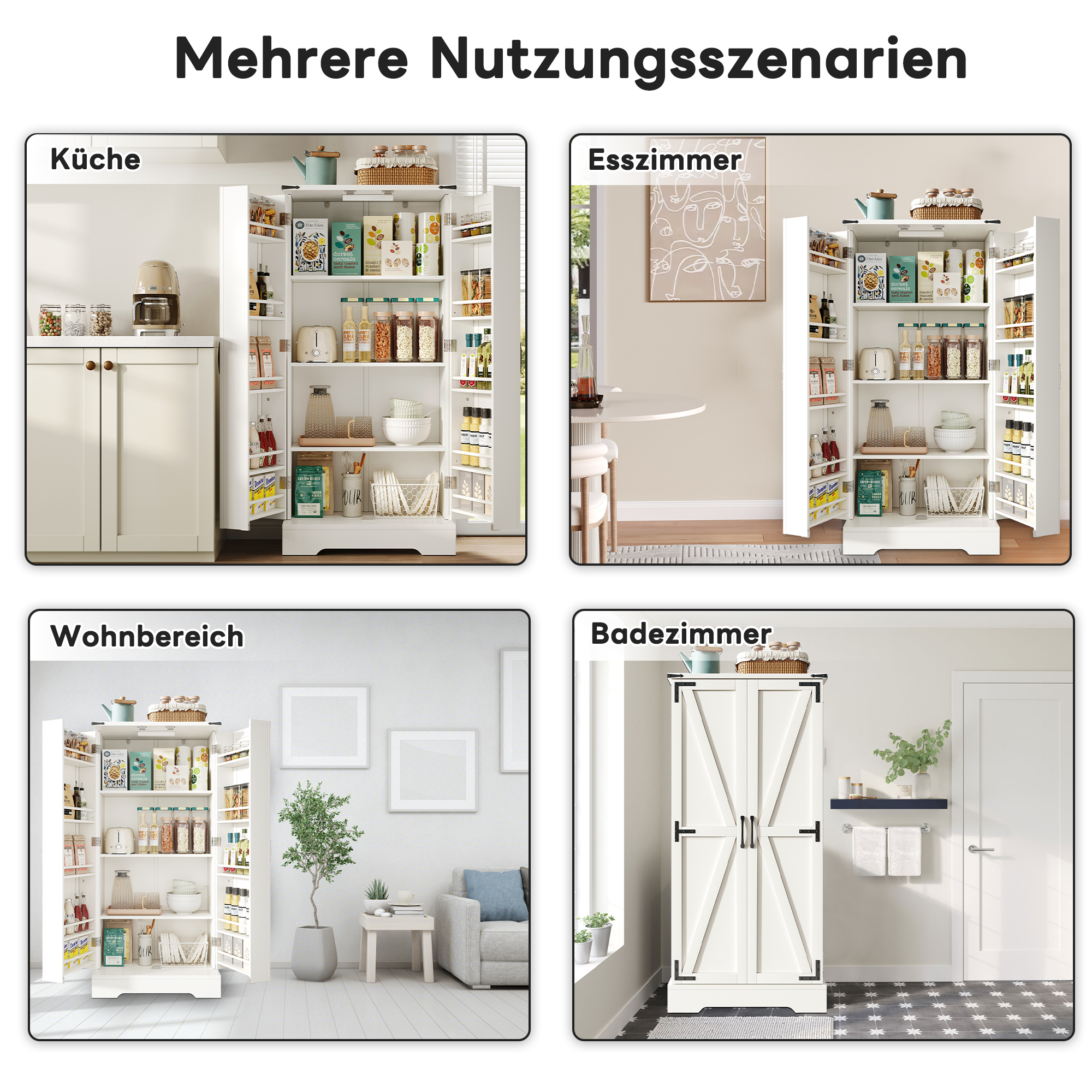 Buffet Étroit 60 cm Largeur, Hauteur 128,5 cm, Meuble Cuisine Blanc avec 2 Portes et 10 Étagères Ajustables