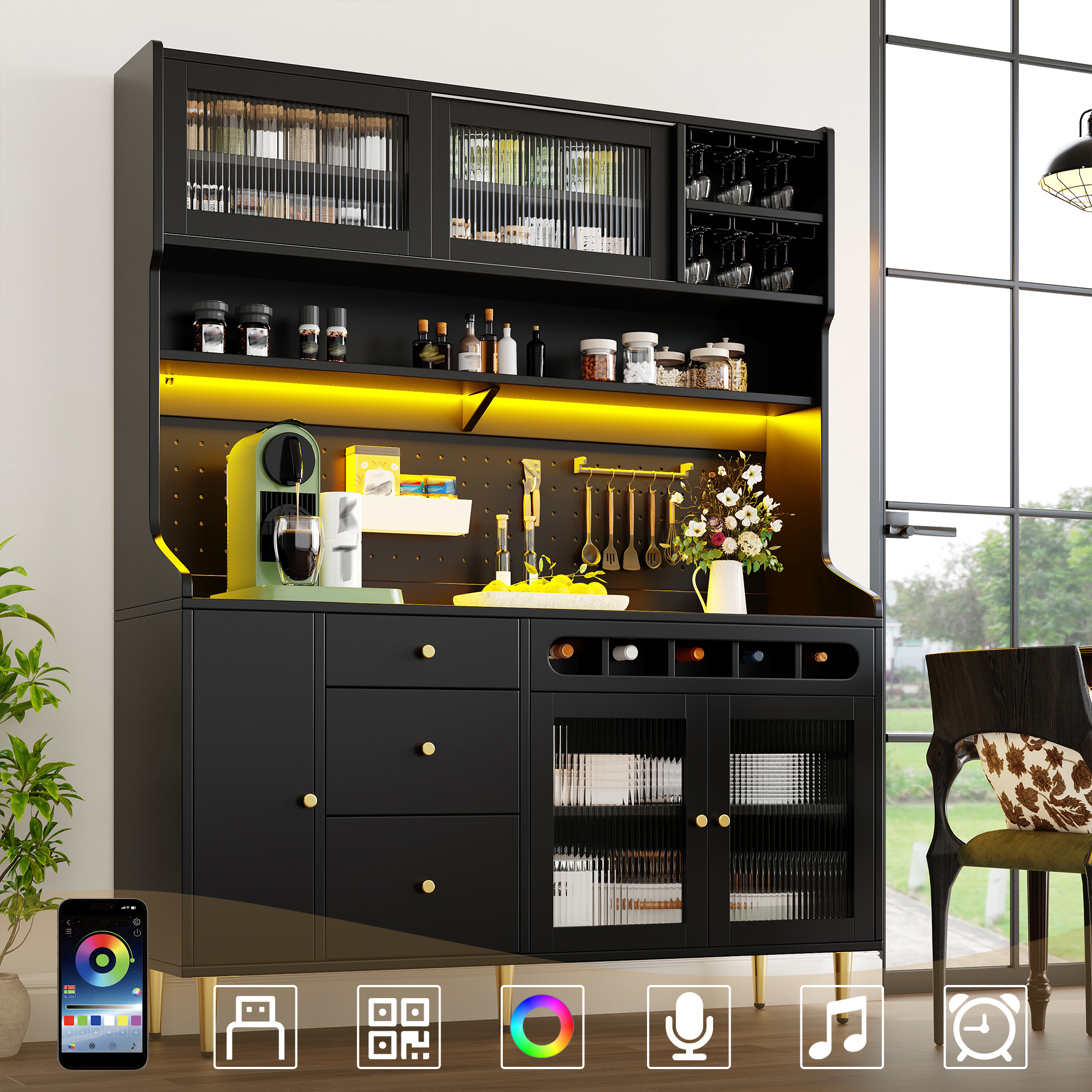 Buffet Cuisine Moderne 145x39x171 cm avec LED Musicales RGB, Appareil Mobile et Rangements Flexibles