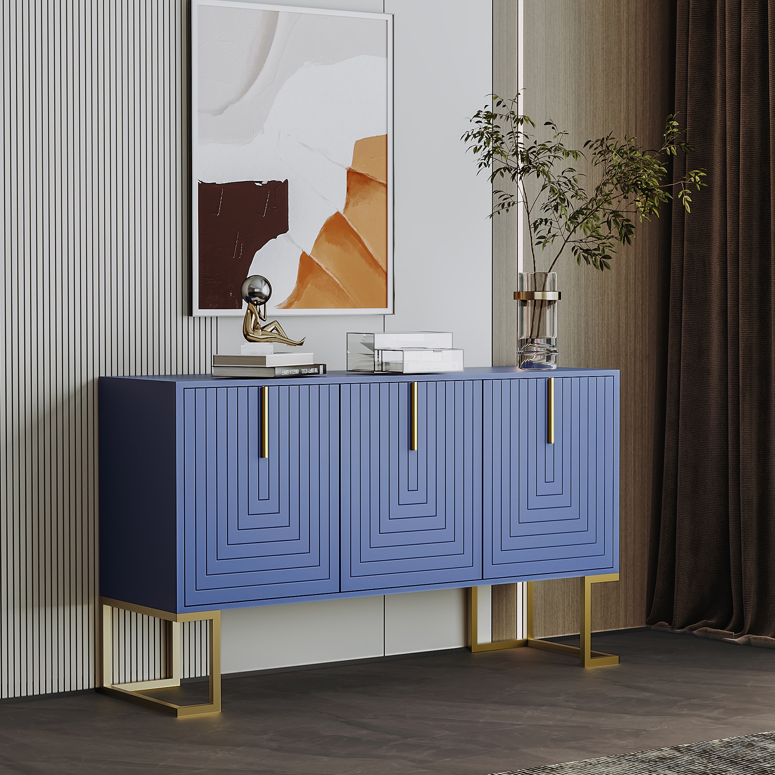 Buffet Design Contemporain en Panneaux de Particules et Panneau composite de fibres de bois à densité, Structure Solide avec Surface de Travail Résistante à 75 KG
