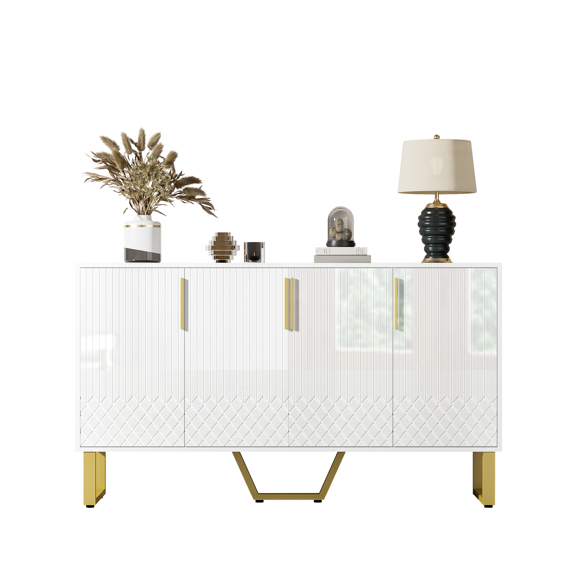 Buffet Blanc 4 Portes Haut Gloss, Meuble Rangement Cuisine Moderne Avec Pieds Métal et Poignées Élégantes, Design Géométrique Contemporain
